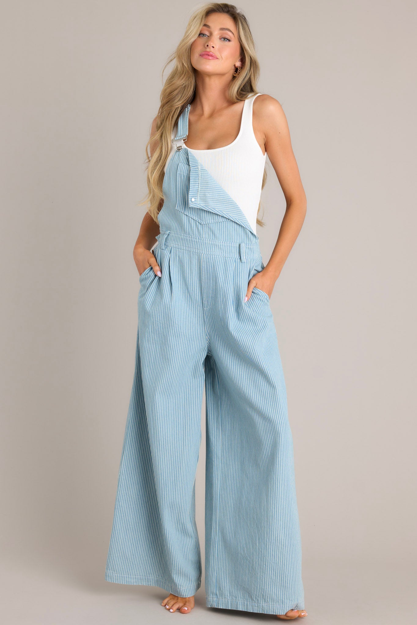 Timid to Tenacious Light Chambray Stripe Overalls Timid to Tenacious Light Chambray Stripe Overalls