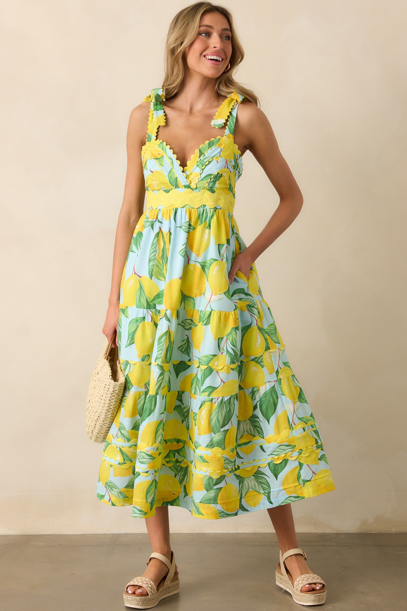 Blue Lemon Print Cotton Midi Dress - All Dresses | Red Dress Blue Lemon Print Cotton Midi Dress - All Dresses | Red Dress
