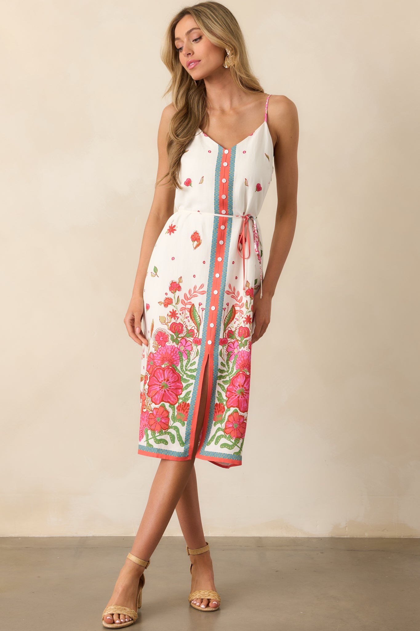 Magenta midi dress with a V-neckline and self-tie waist belt, shown in a full body front view.