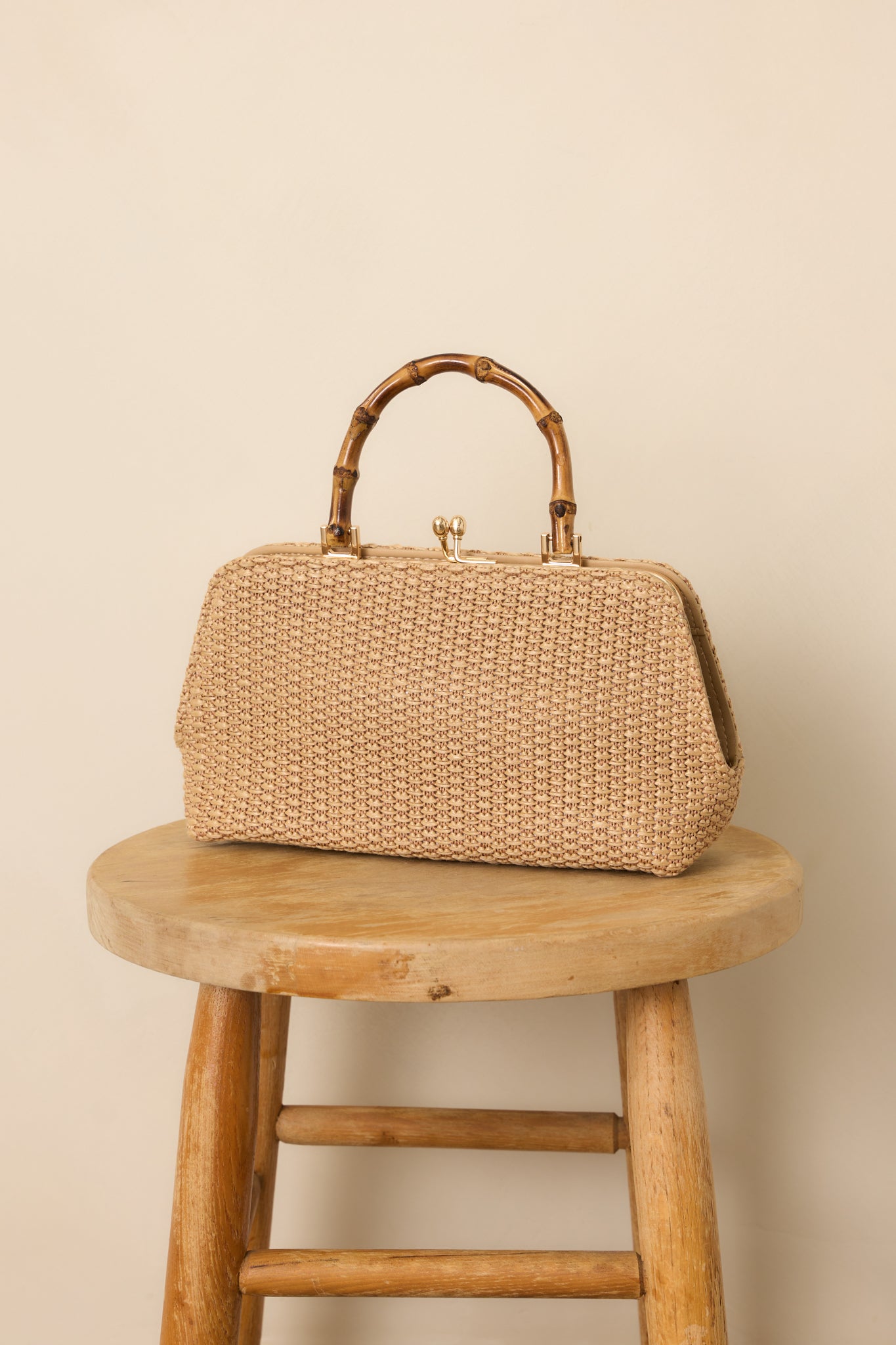 Cropped shot focusing on the top of the bag, highlighting the bamboo handle, gold clasp, and woven detailing.
