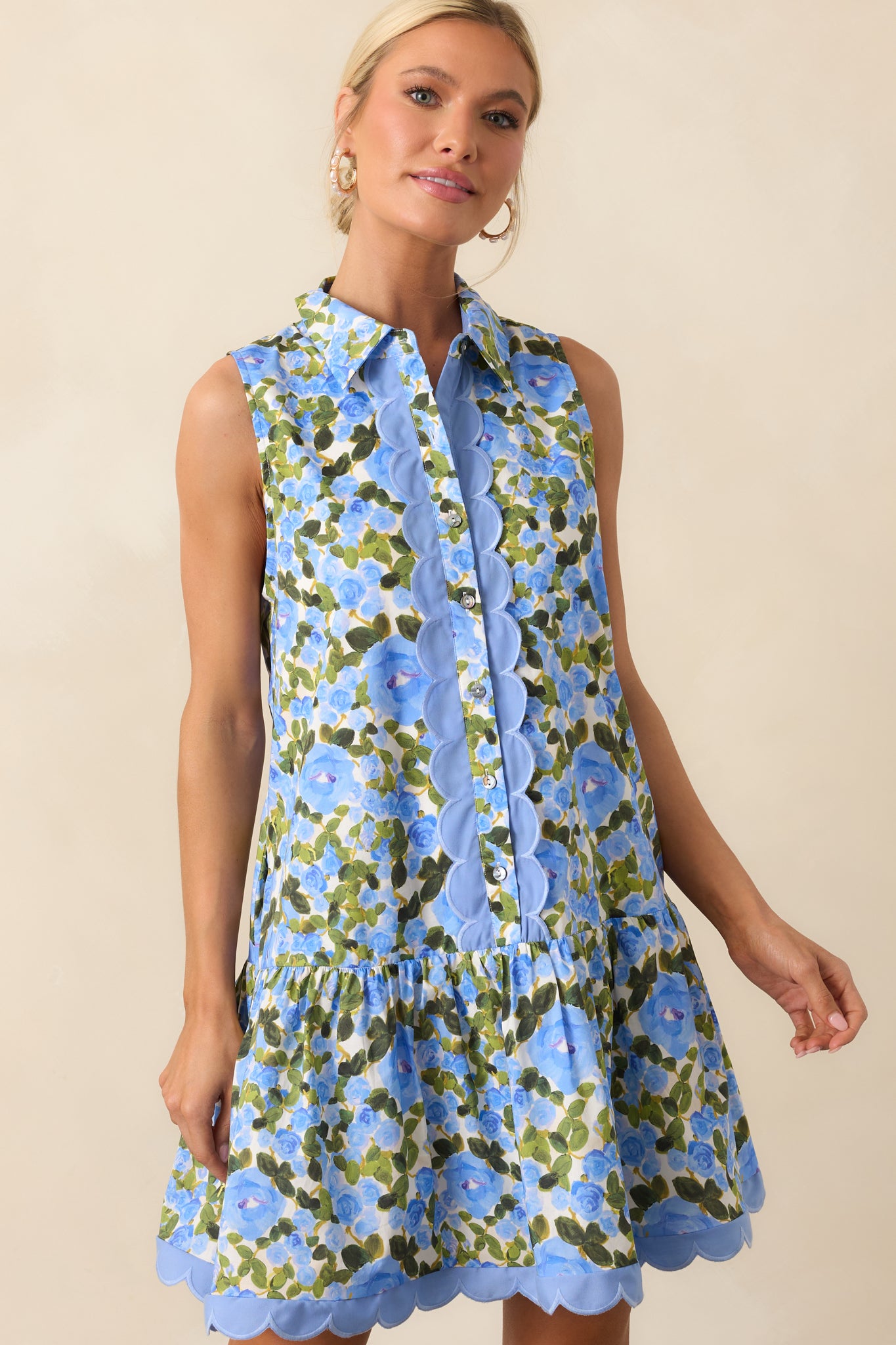 Blue Floral Cotton Mini Dress - Shirt Dresses Blue Floral Cotton Mini Dress - Shirt Dresses