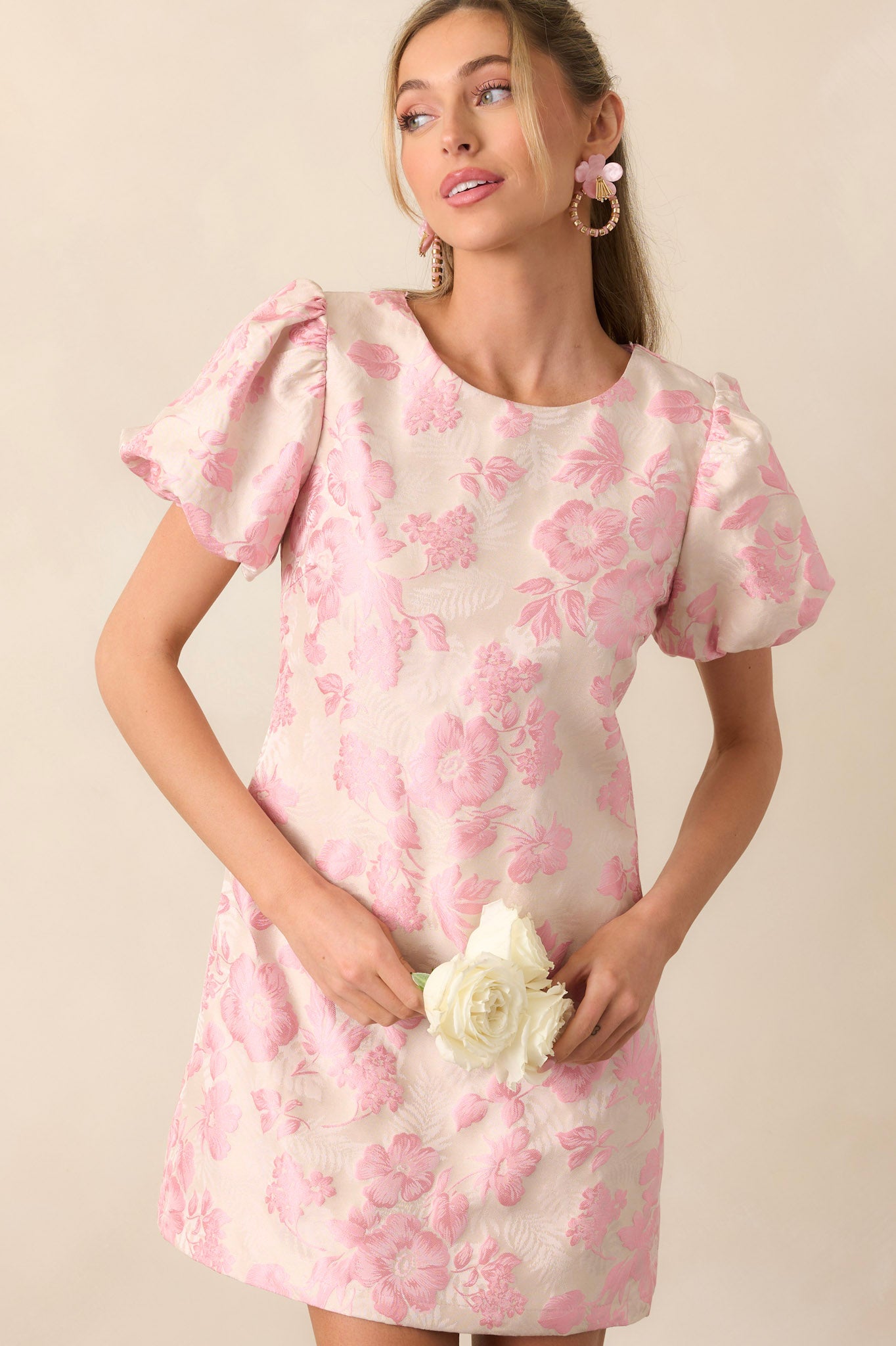 Light Pink Floral Jacquard Mini Dress - All Dresses | Red Dress Light Pink Floral Jacquard Mini Dress - All Dresses | Red Dress
