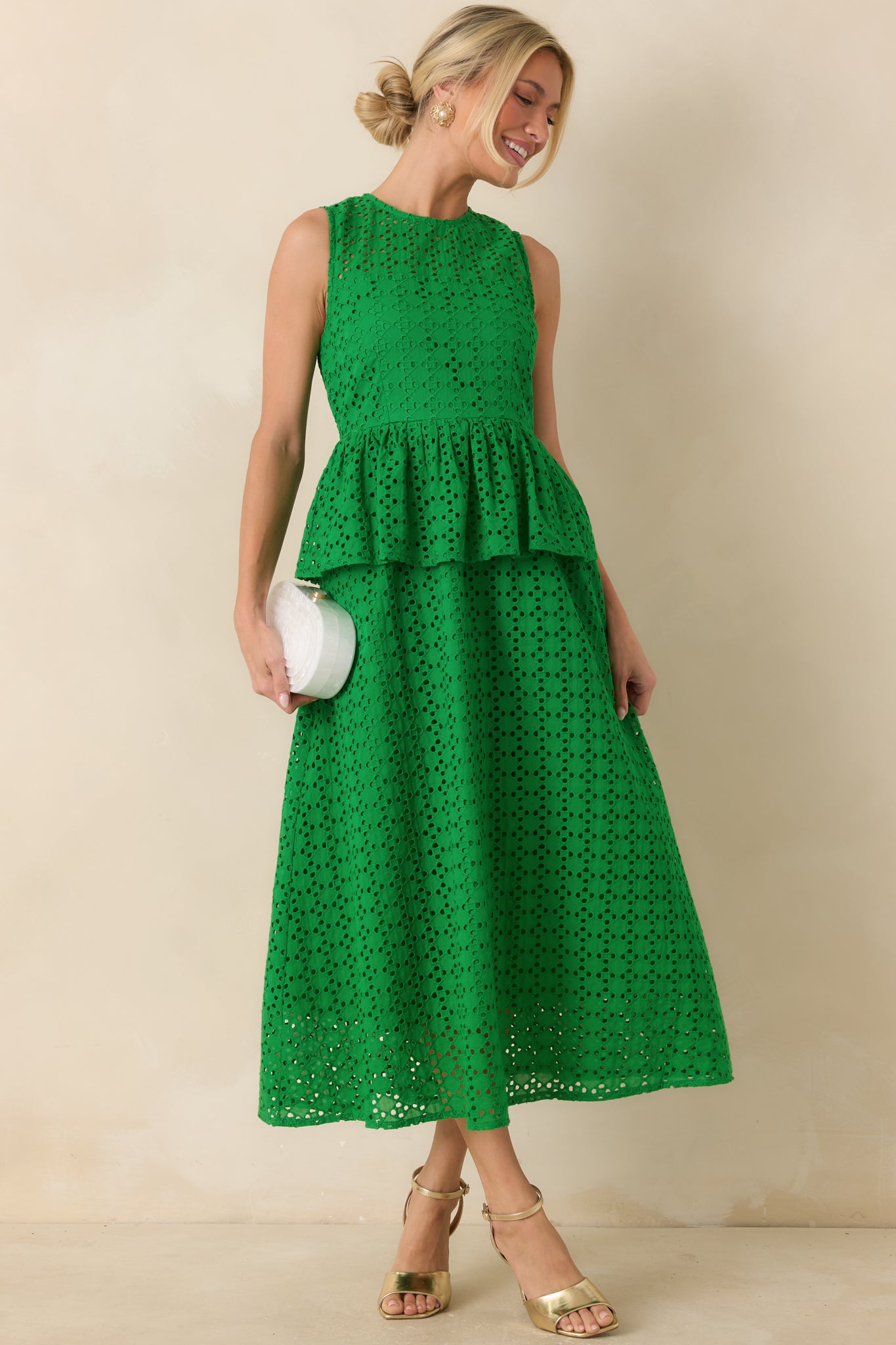 midi dress design for women Women's Worth A Closer Look Green Eyelet Peplum | Size: L sweetheart neck prom dress How to Put Medals elevated touch Size:UK32