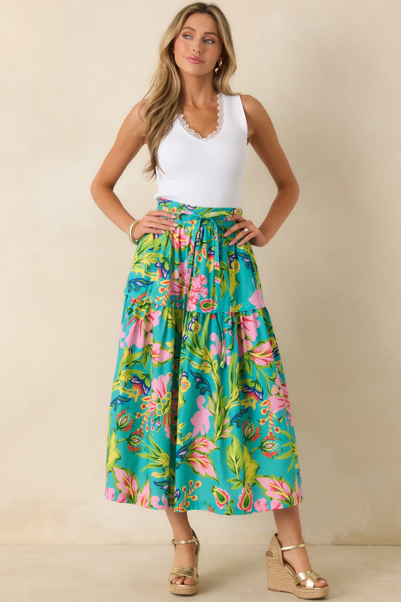 Lightweight cotton midi skirt with a vibrant multi floral print, side pockets, and a relaxed tiered shape.