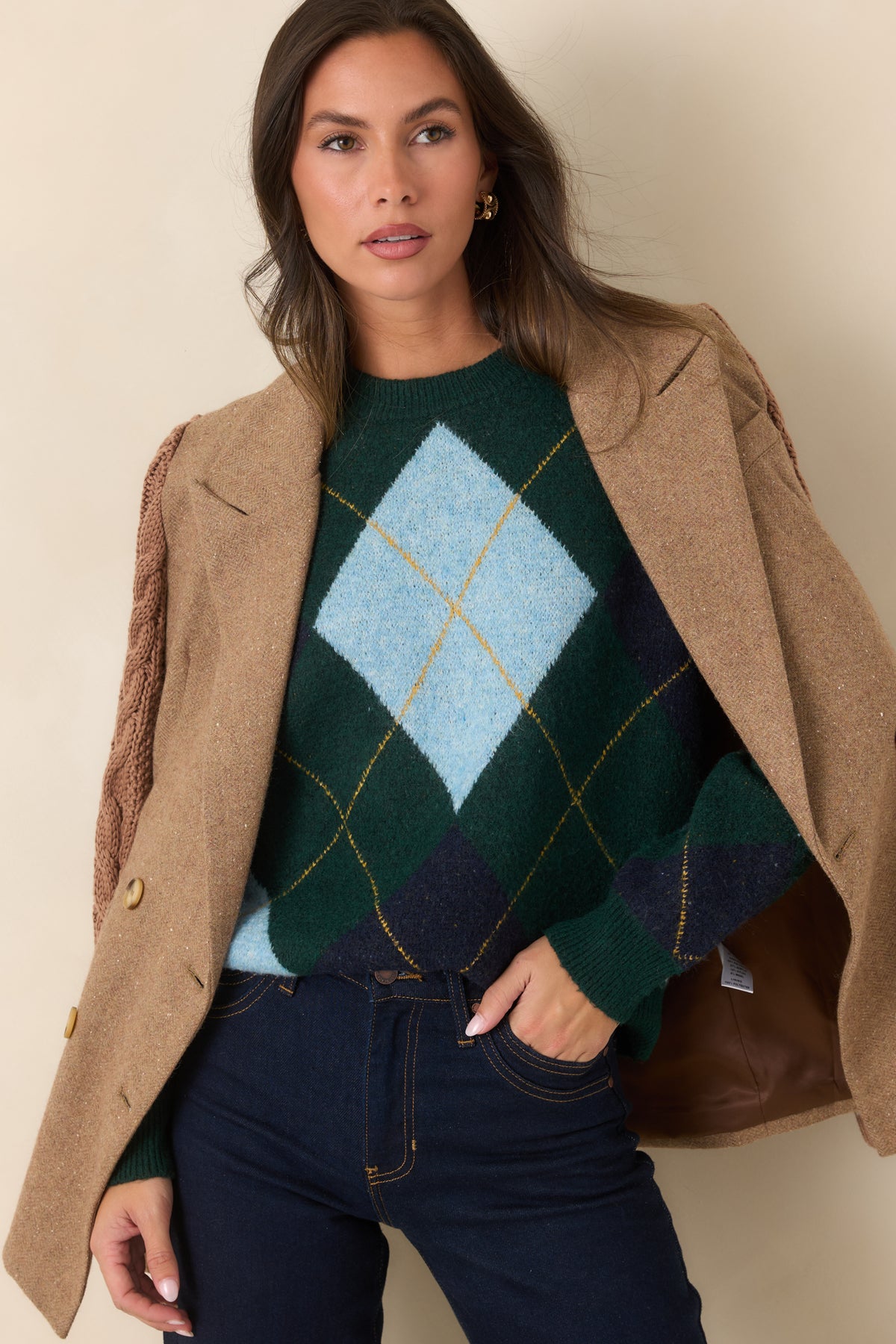 It All Checks Out Hunter Green Multi Argyle Crewneck Sweater