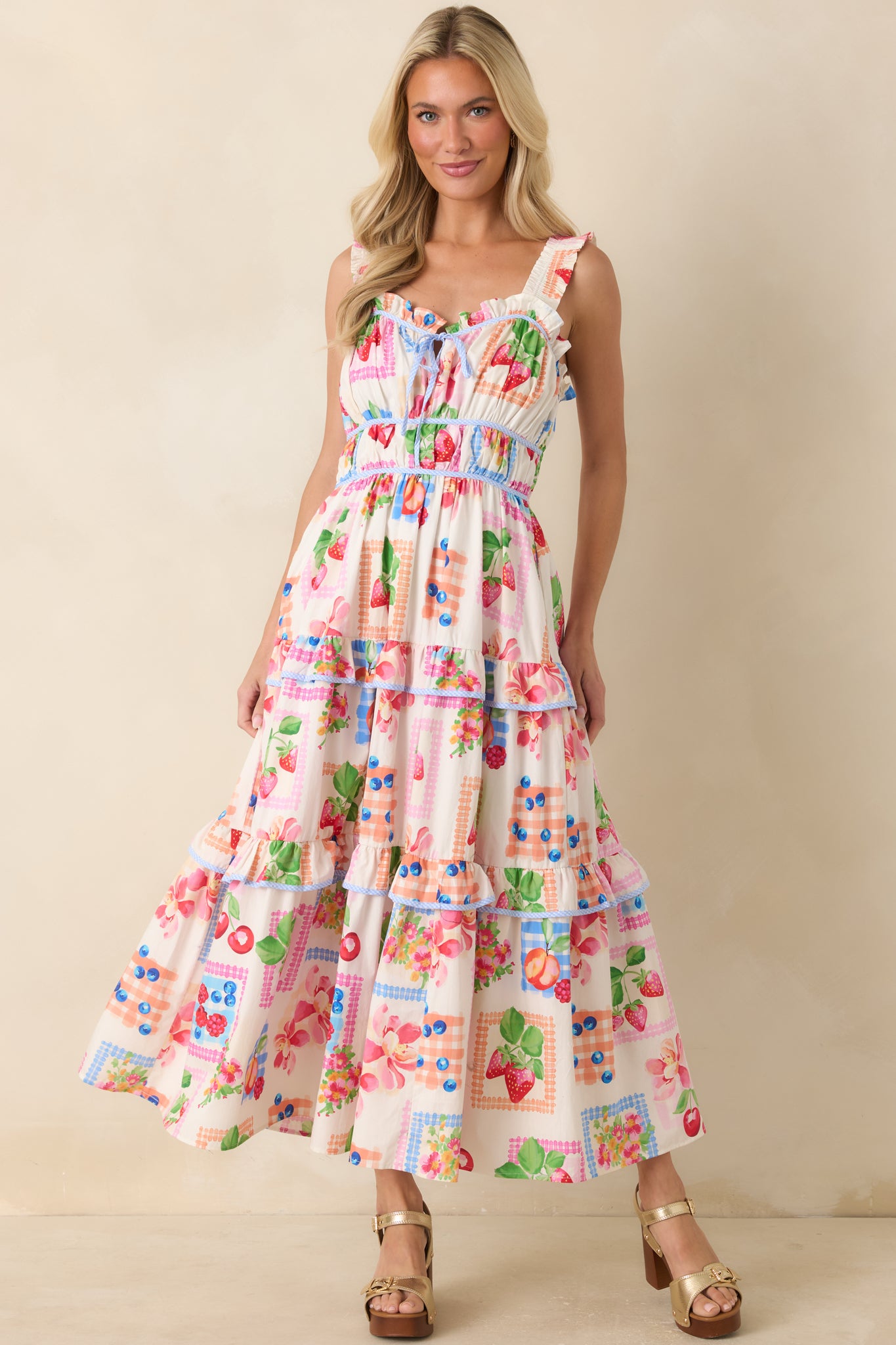 multi colored maxi dress Prosperina Molly Multi Cotton Fruit Print Maxi Dress