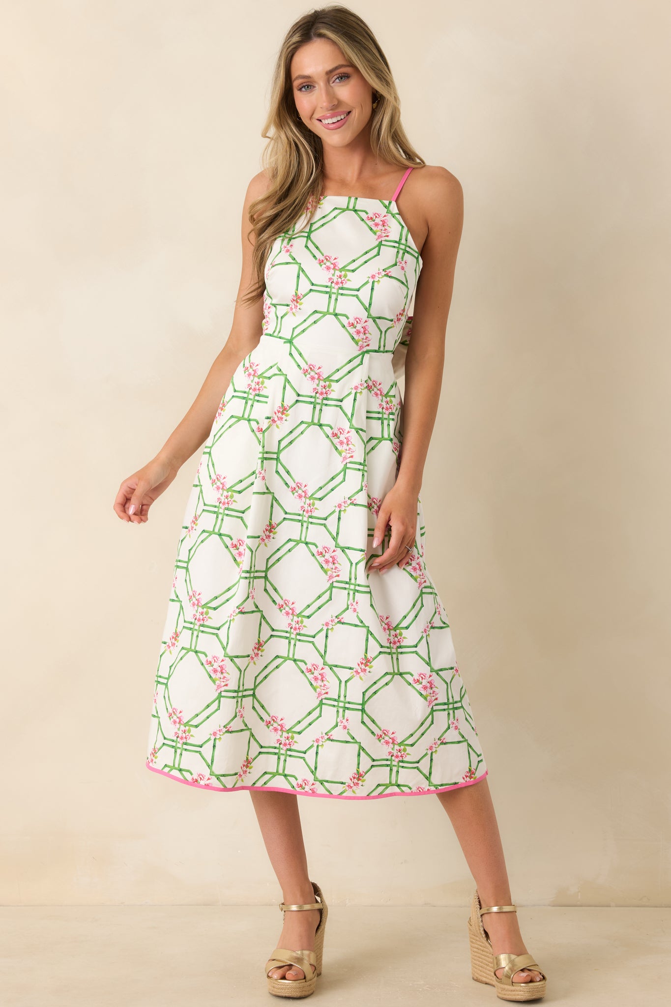 Women's Miriam White Multi Floral Trellis Cotton Midi Dress | Size: M