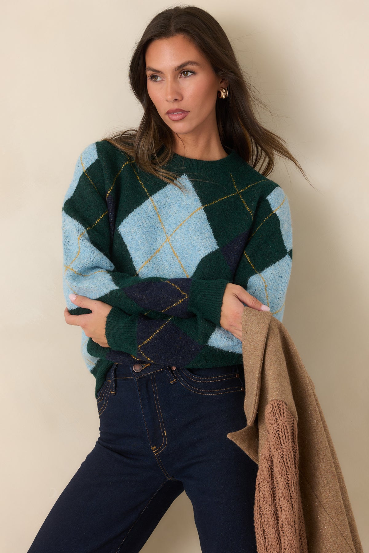 It All Checks Out Hunter Green Multi Argyle Crewneck Sweater