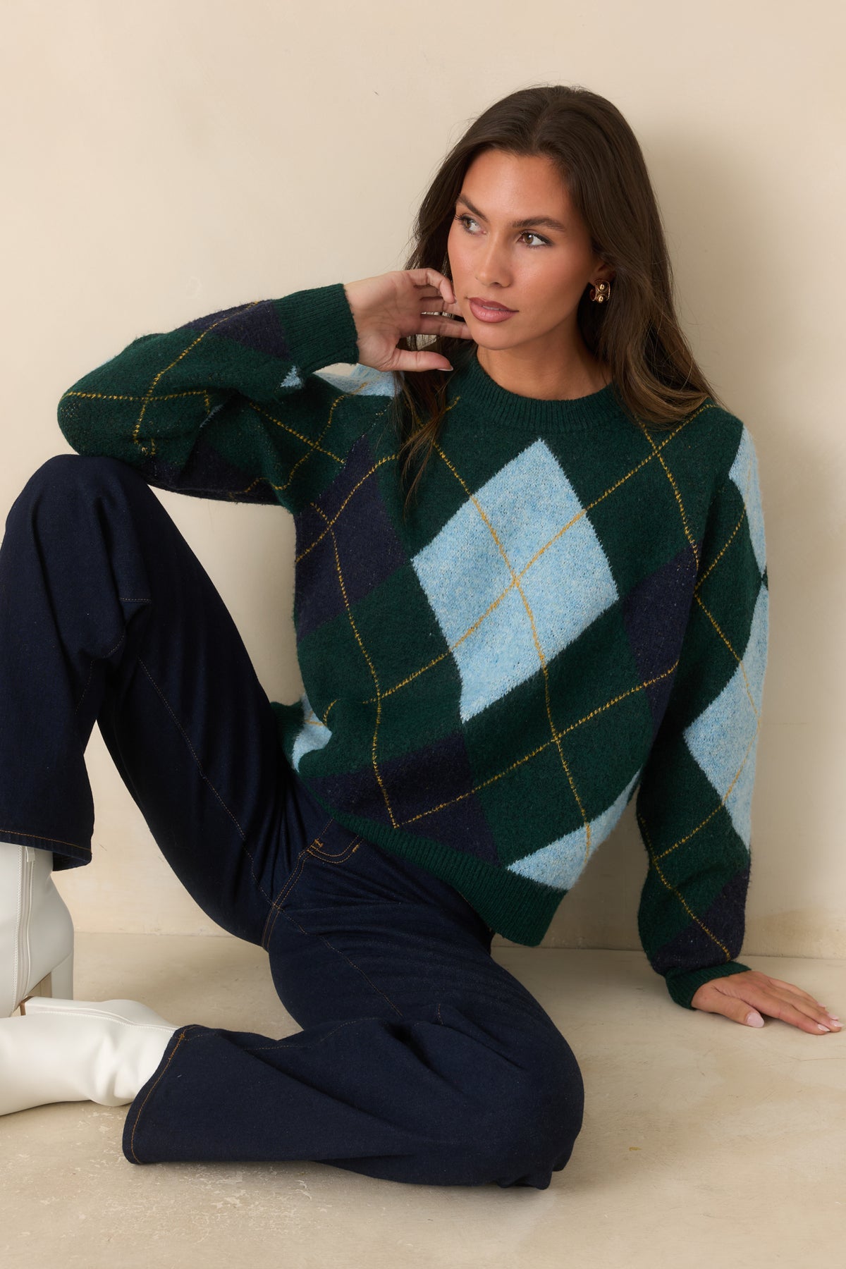 It All Checks Out Hunter Green Multi Argyle Crewneck Sweater