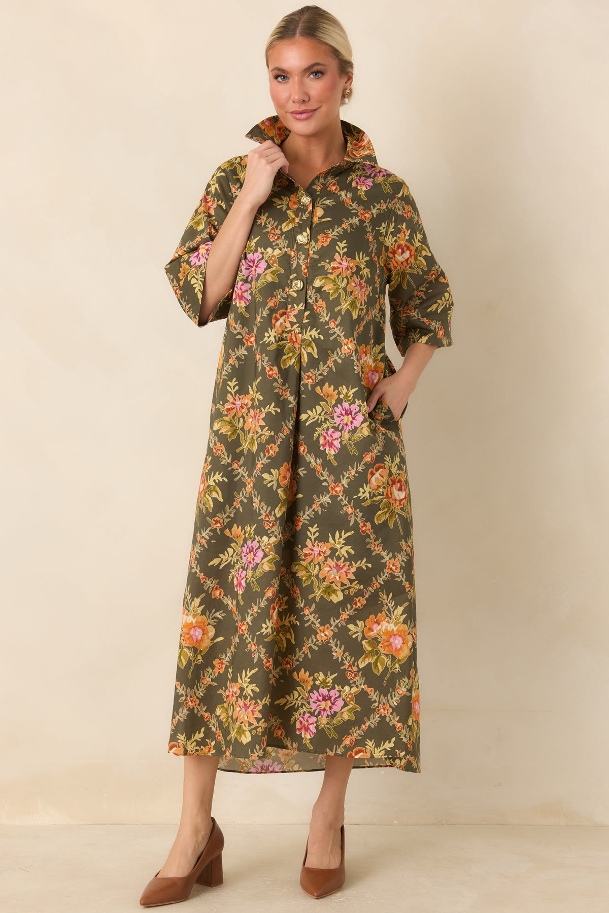 In Such Lovely Company Olive Multi Floral Cotton Midi Shirt Dress