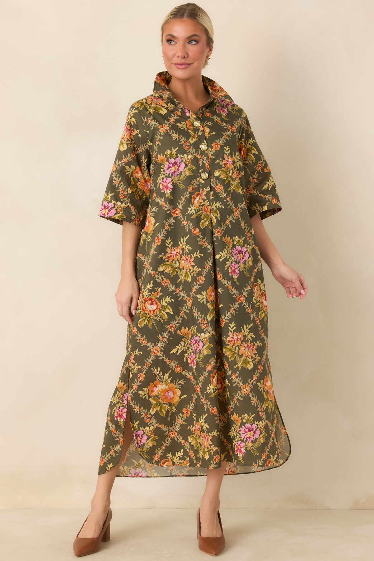 In Such Lovely Company Olive Multi Floral Cotton Midi Shirt Dress