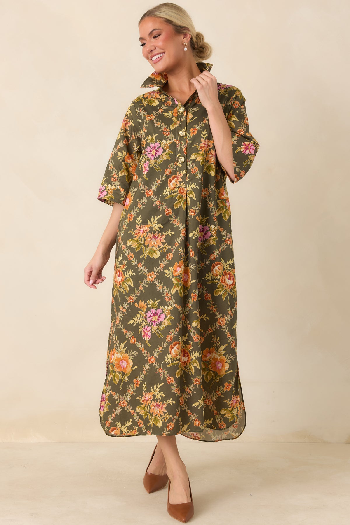 In Such Lovely Company Olive Multi Floral Cotton Midi Shirt Dress