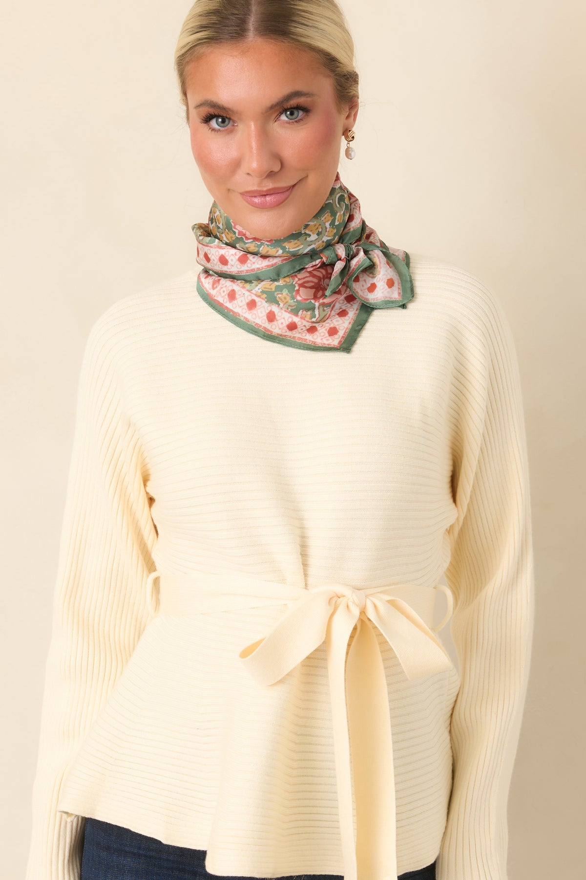 Consider It a Compliment Ecru Tie Waist Mock Neck Sweater