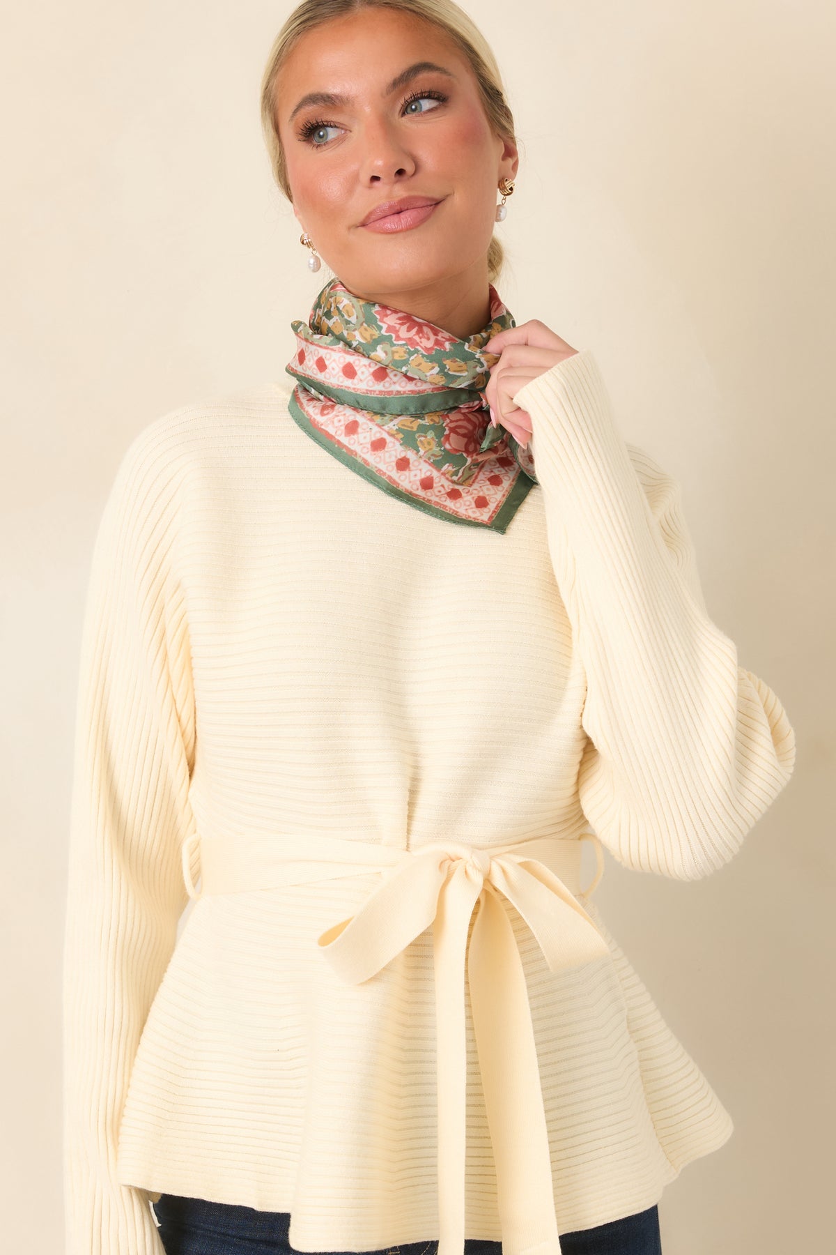 Consider It a Compliment Ecru Tie Waist Mock Neck Sweater