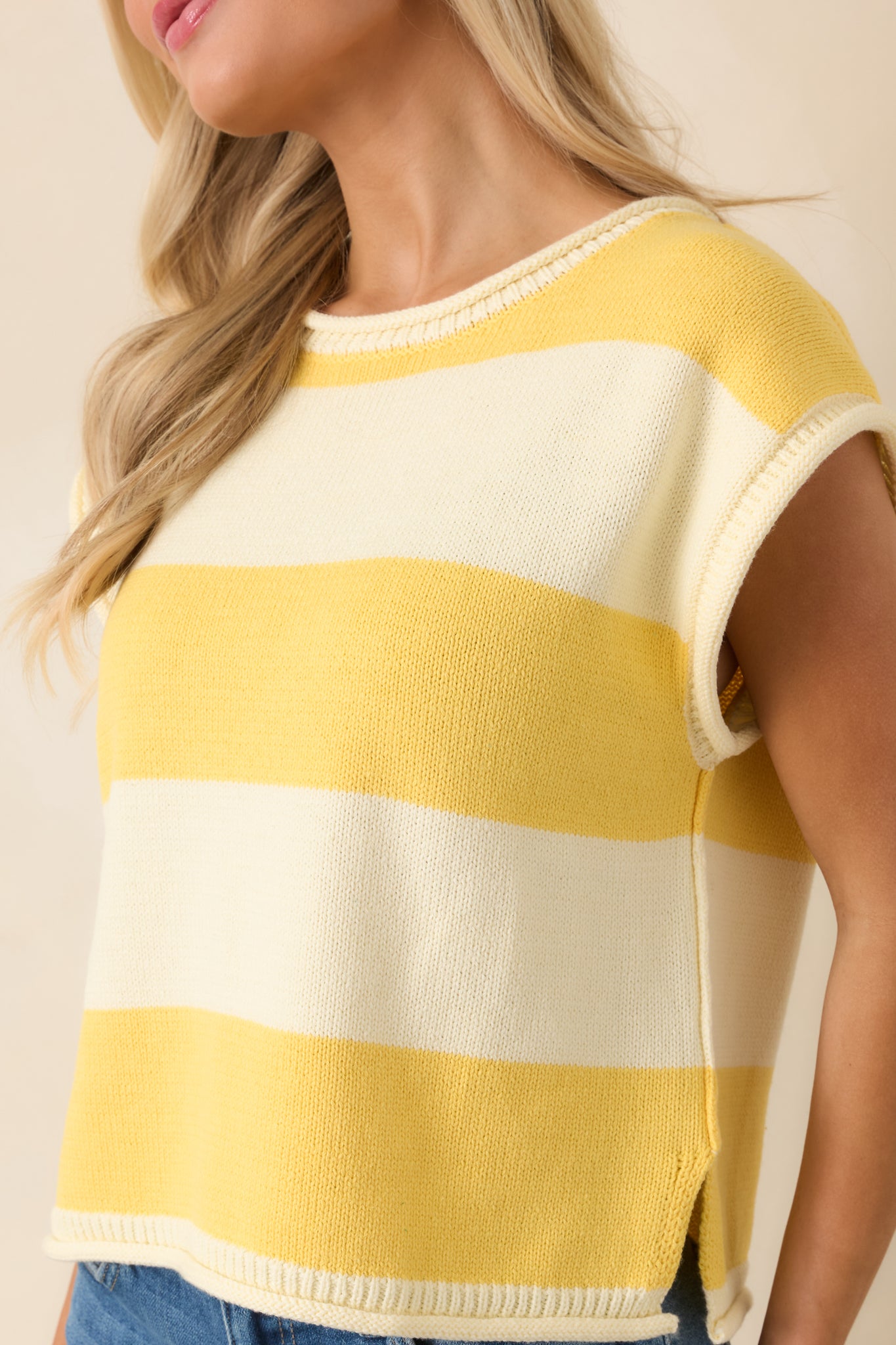 Detailed view of breathable cotton-blend knit with classic stripe pattern