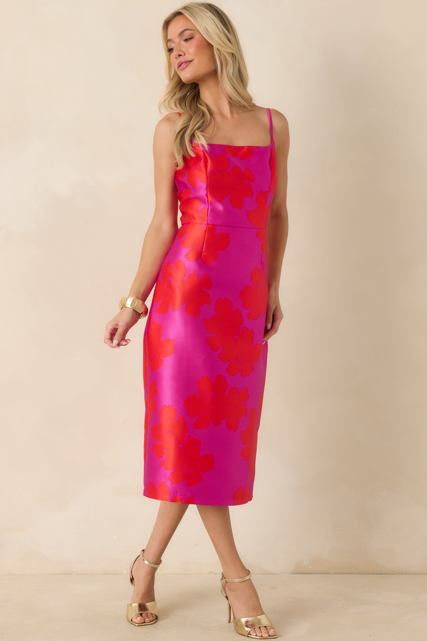 Midi dress with structured floral jacquard fabric, a sleek body-skimming shape, and a clean square neckline design.