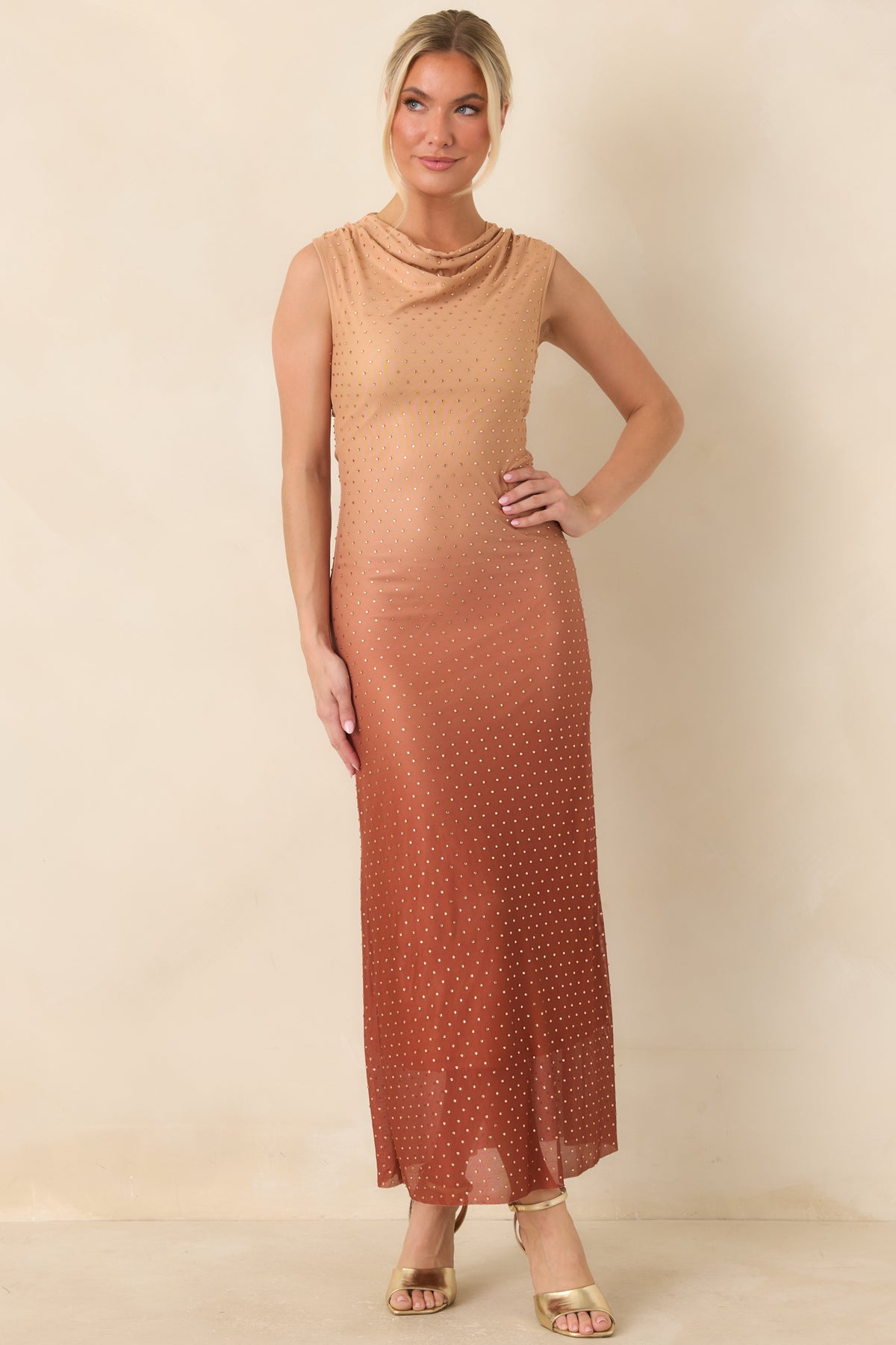 In the Last Light Rust Ombré Rhinestone Maxi Dress