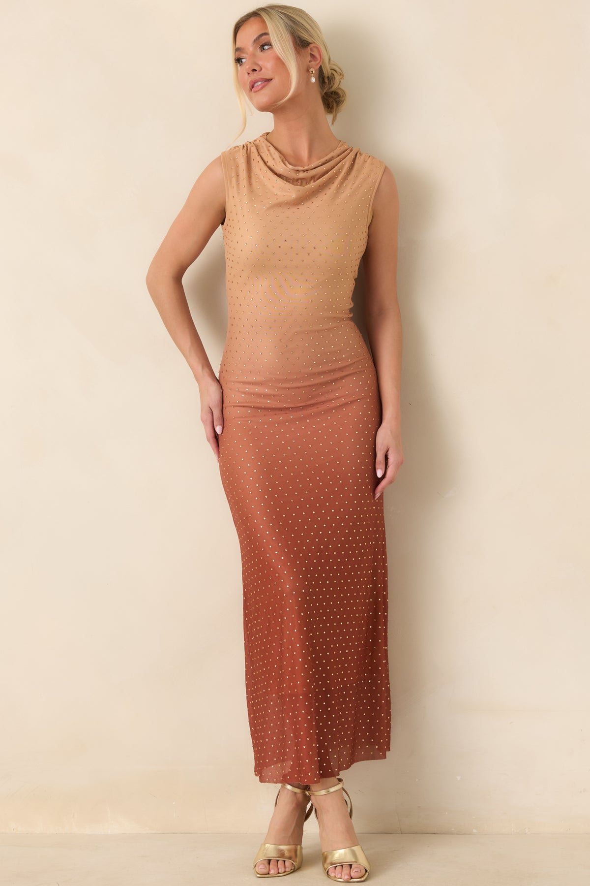 In the Last Light Rust Ombré Rhinestone Maxi Dress