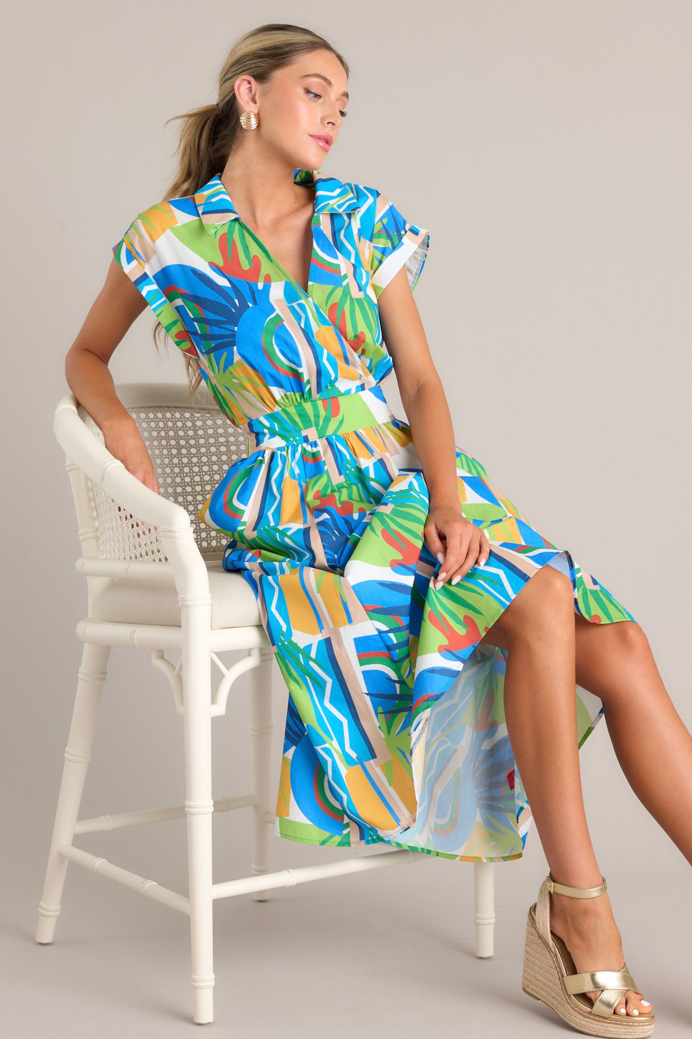Blue Tropical Print 100% Cotton Midi Dress - All Dresses | Red Dress Blue Tropical Print 100% Cotton Midi Dress - All Dresses | Red Dress