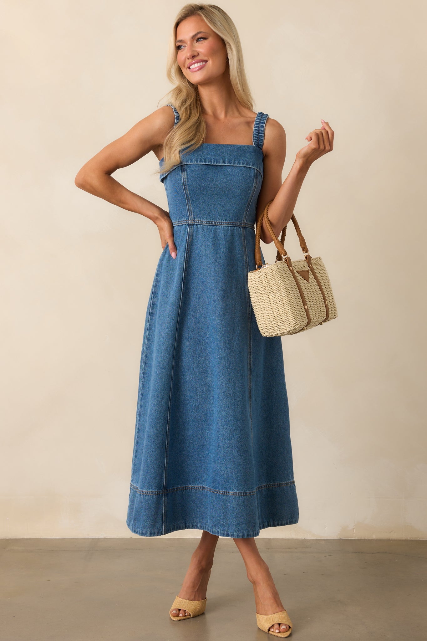 square neck denim midi dress Mid-Wash Denim Shirred Faith Midi Dress