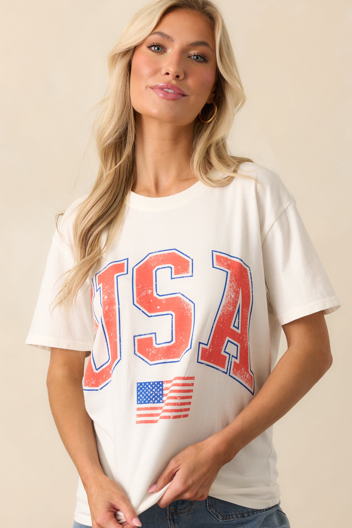 Angled crop of the T-shirt displaying the texture of the fabric and clarity of the 'USA' graphic.