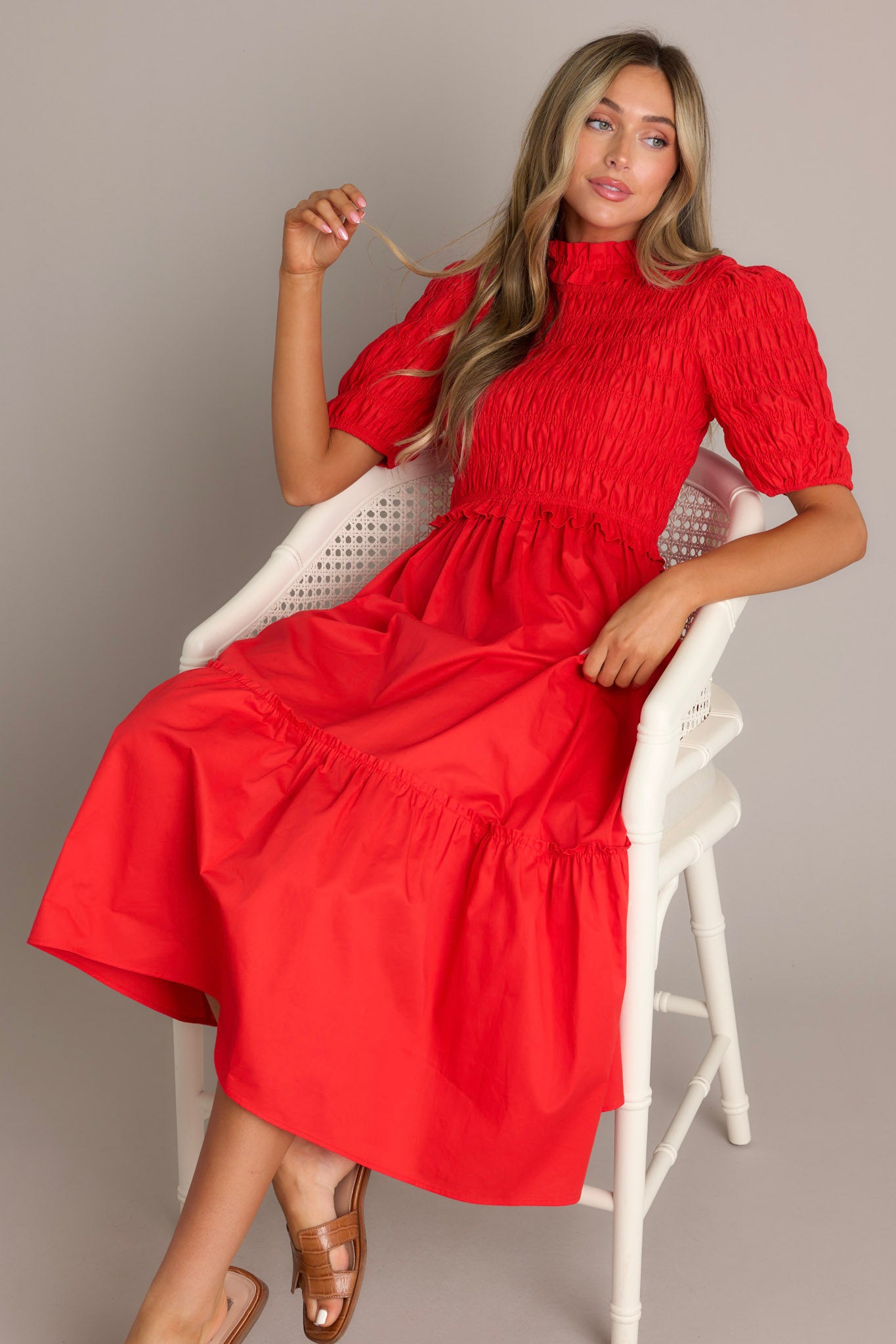 100% Cotton Red Smocked Midi Dress 100% Cotton Red Smocked Midi Dress