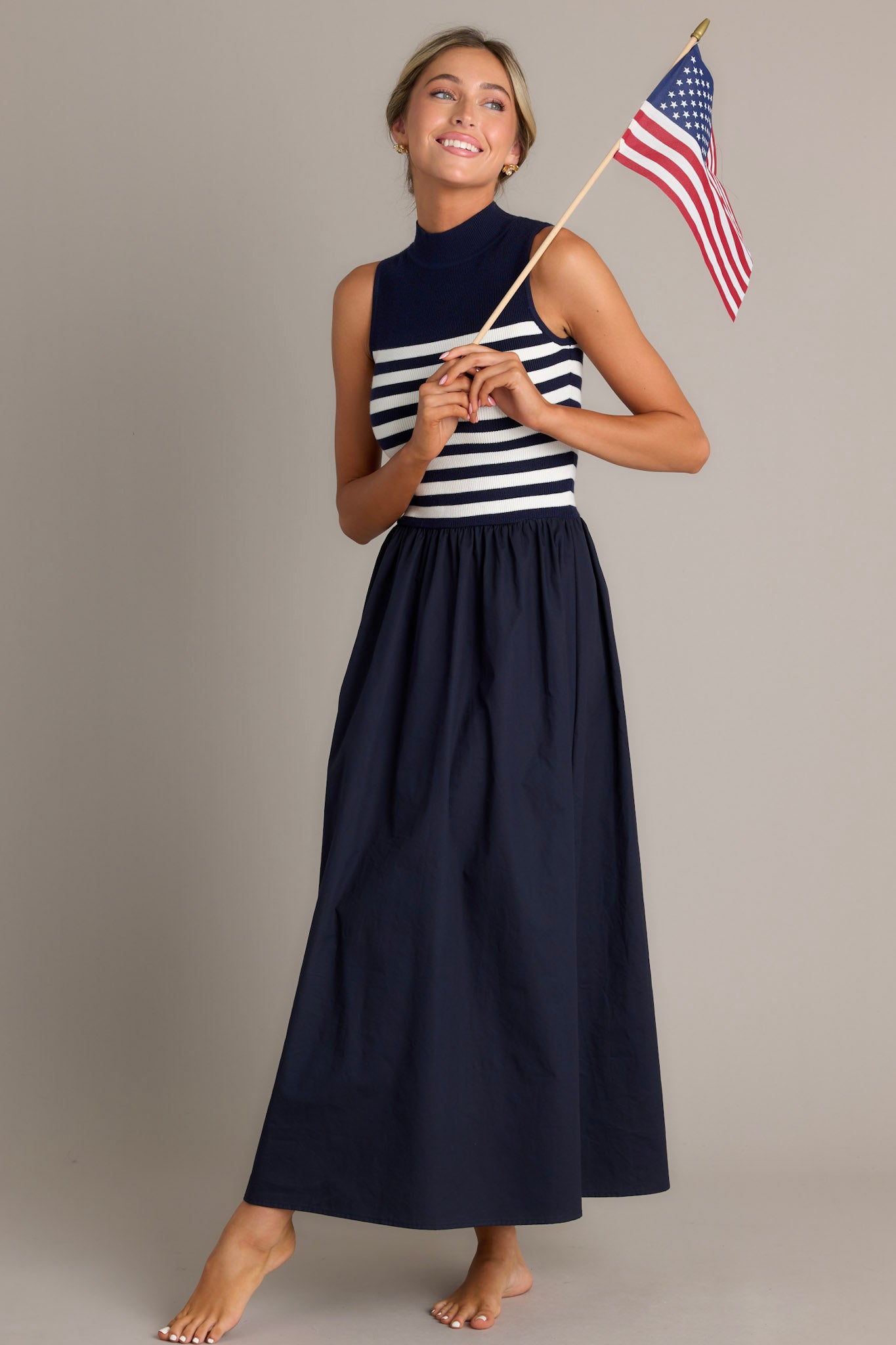 Sleeveless Navy Stripe Mock Neck Maxi Dress - All Dresses Sleeveless Navy Stripe Mock Neck Maxi Dress - All Dresses