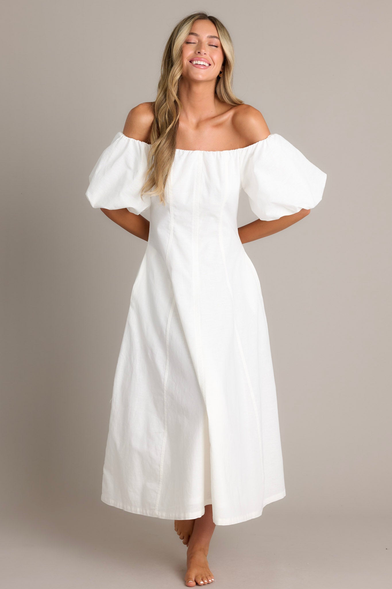 Linen Blend White Off Shoulder Midi Dress - All Dresses | Red Dress Linen Blend White Off Shoulder Midi Dress - All Dresses | Red Dress