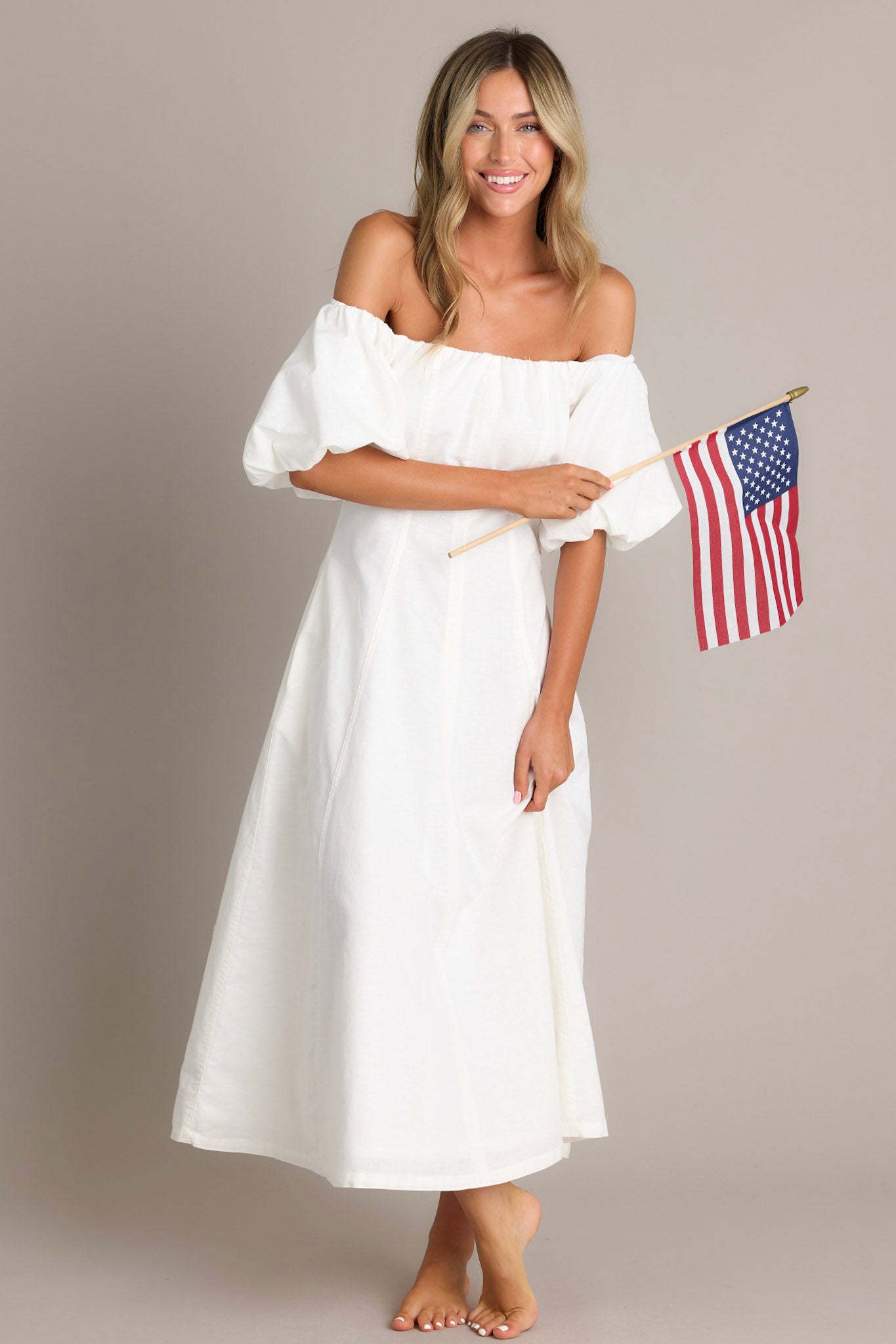 Sweet Cascade Solid Color Off Shoulder Pocket Full Hem Midi Dress