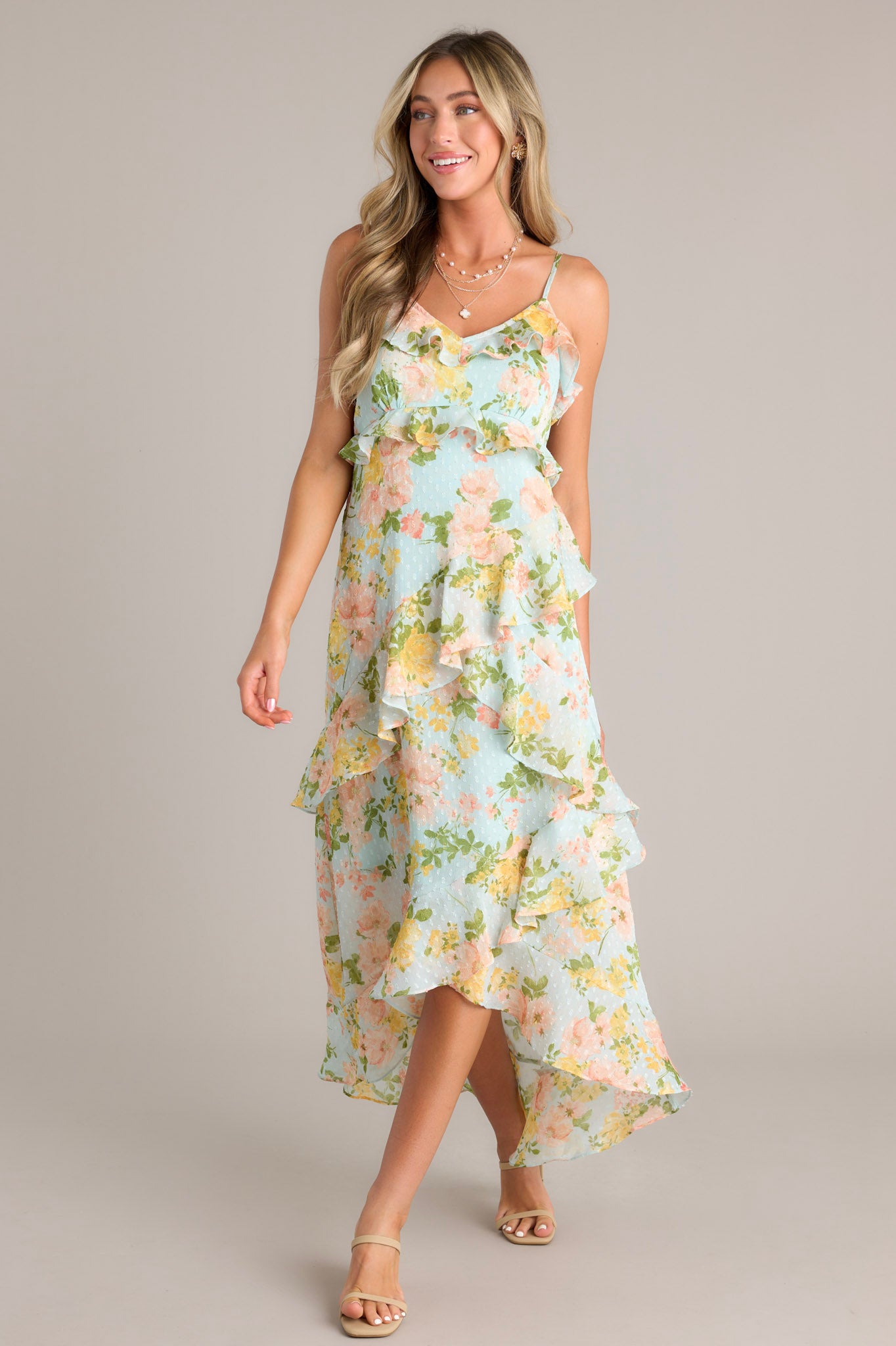 Blue Multi Floral Ruffle Tiered Midi Dress