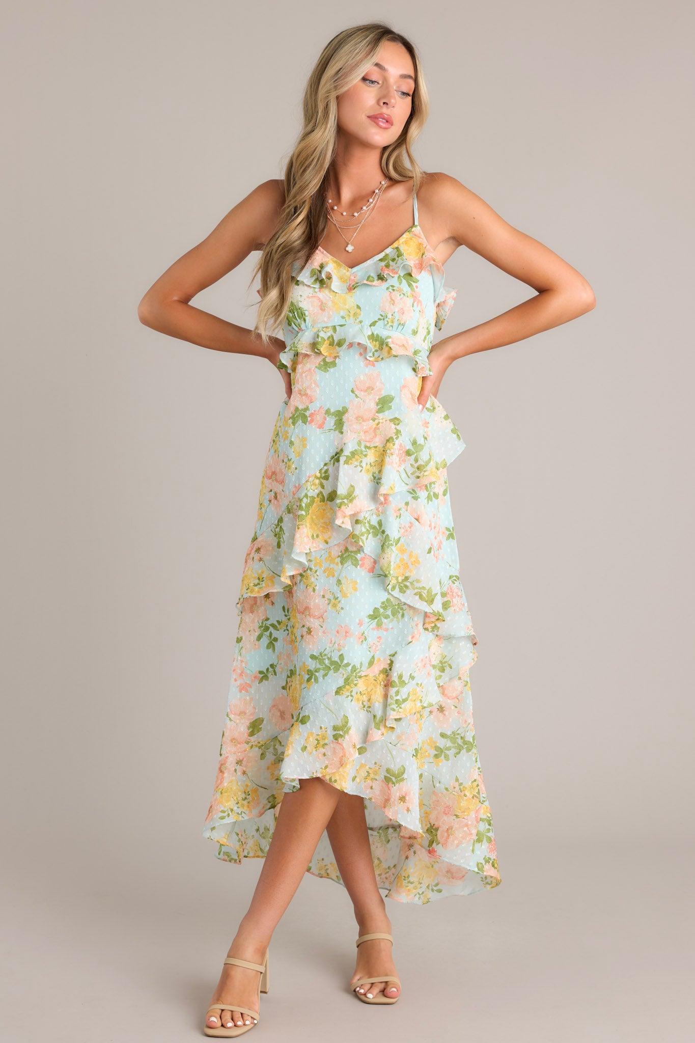 Blossom In Time Blue Multi Floral Ruffle Tiered Midi Dress Blossom In Time Blue Multi Floral Ruffle Tiered Midi Dress