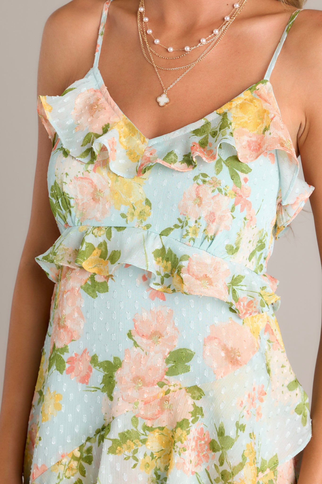 Close-up view of this blue dress highlighting the intricate floral print and clip dot detailing.