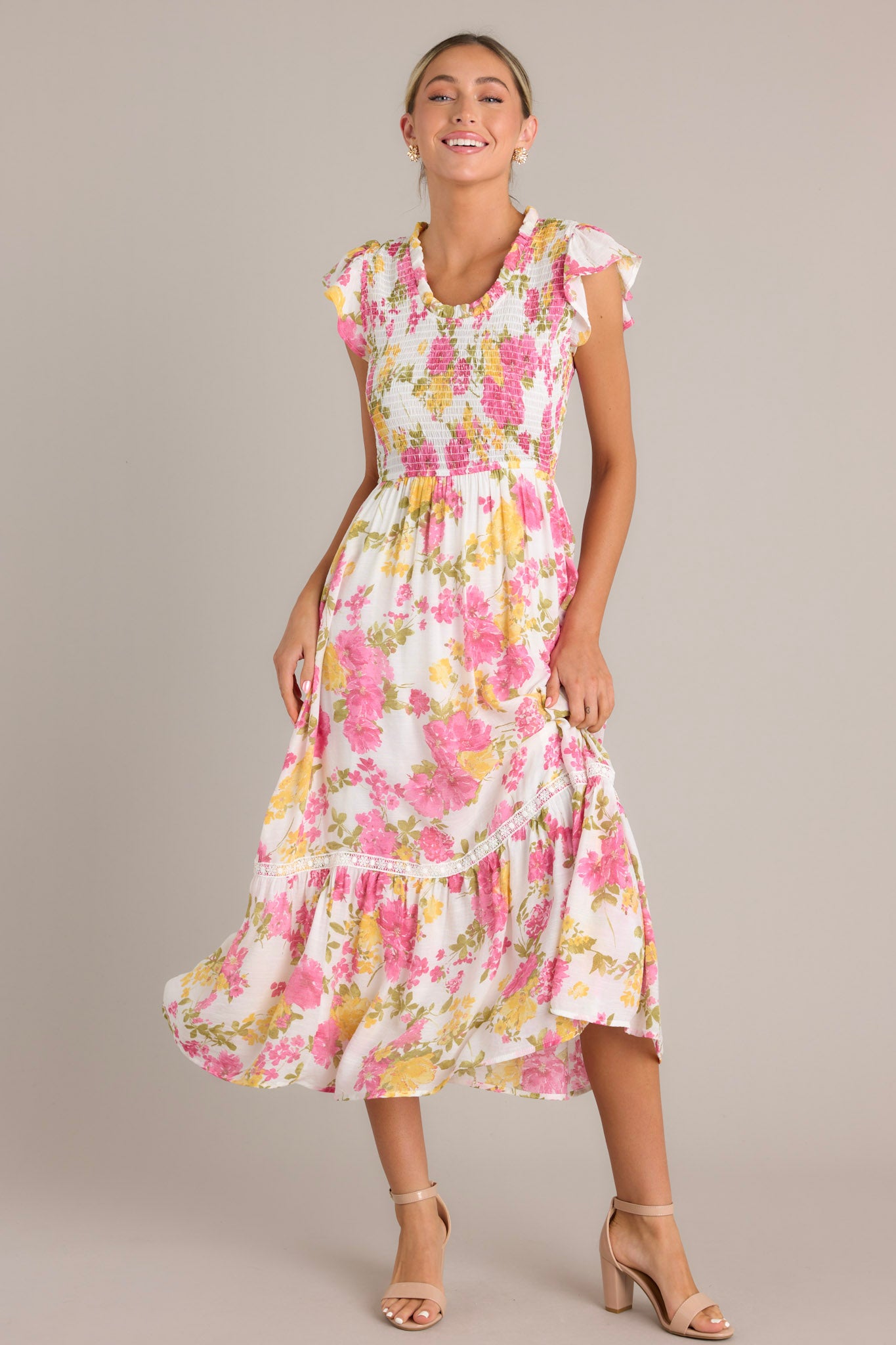White Multi Floral Smocked Midi Dress - All Dresses | Red Dress White Multi Floral Smocked Midi Dress - All Dresses | Red Dress