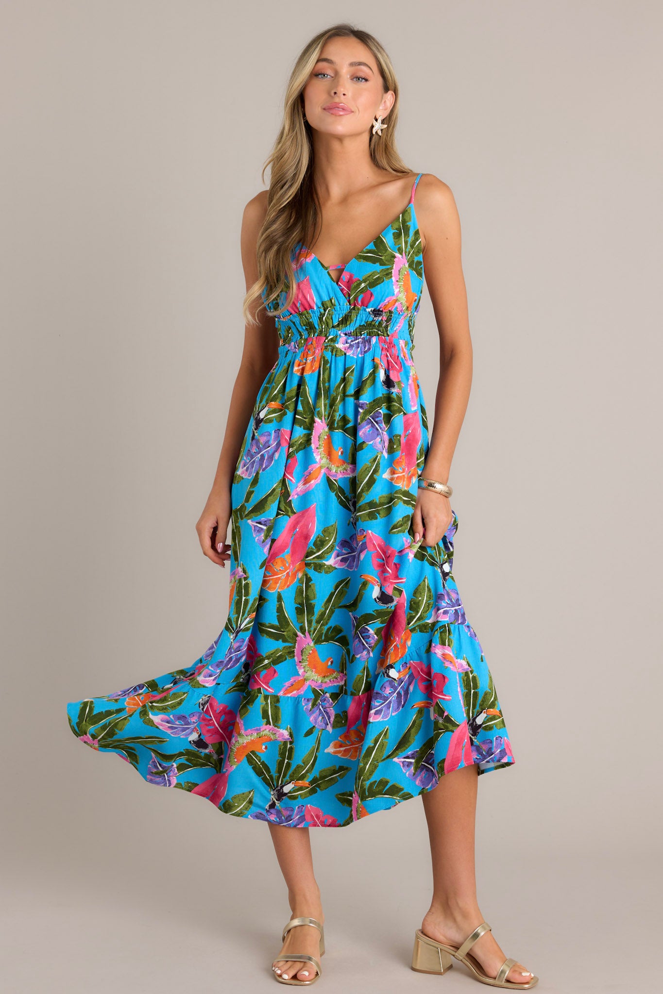 Blue Tropical Print Linen Blend Midi Dress All Dresses Red Dress