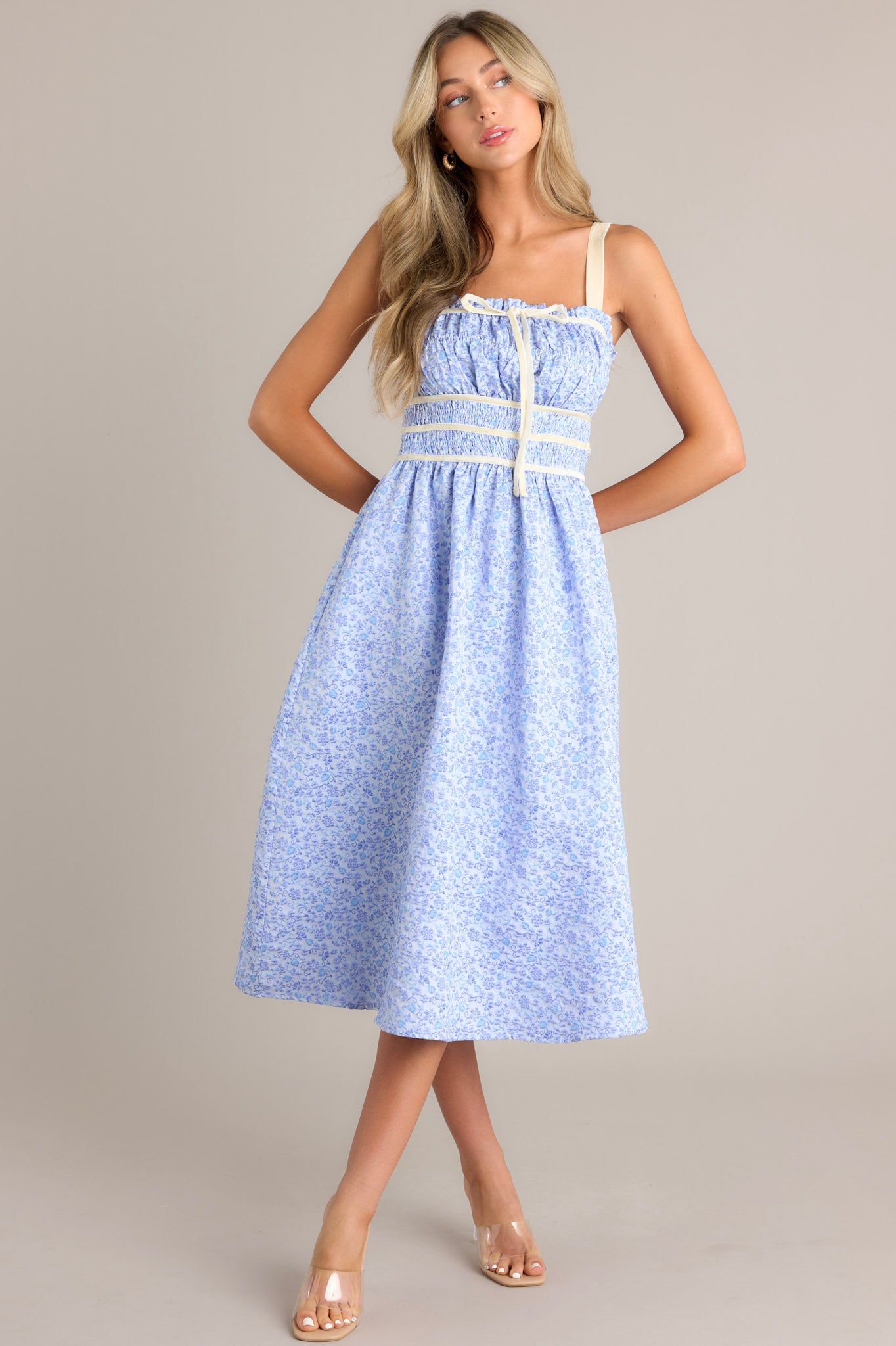 Blue Floral Jacquard Midi Dress - All Dresses | Red Dress Blue Floral Jacquard Midi Dress - All Dresses | Red Dress