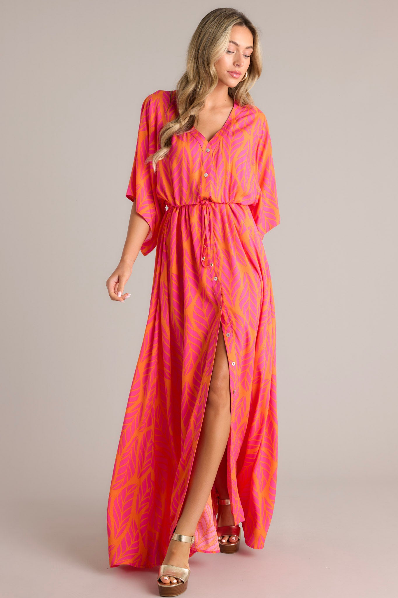 Hot Pink Tropical Print Button Front Maxi Dress - All Dresses | Red Dress Hot Pink Tropical Print Button Front Maxi Dress - All Dresses | Red Dress