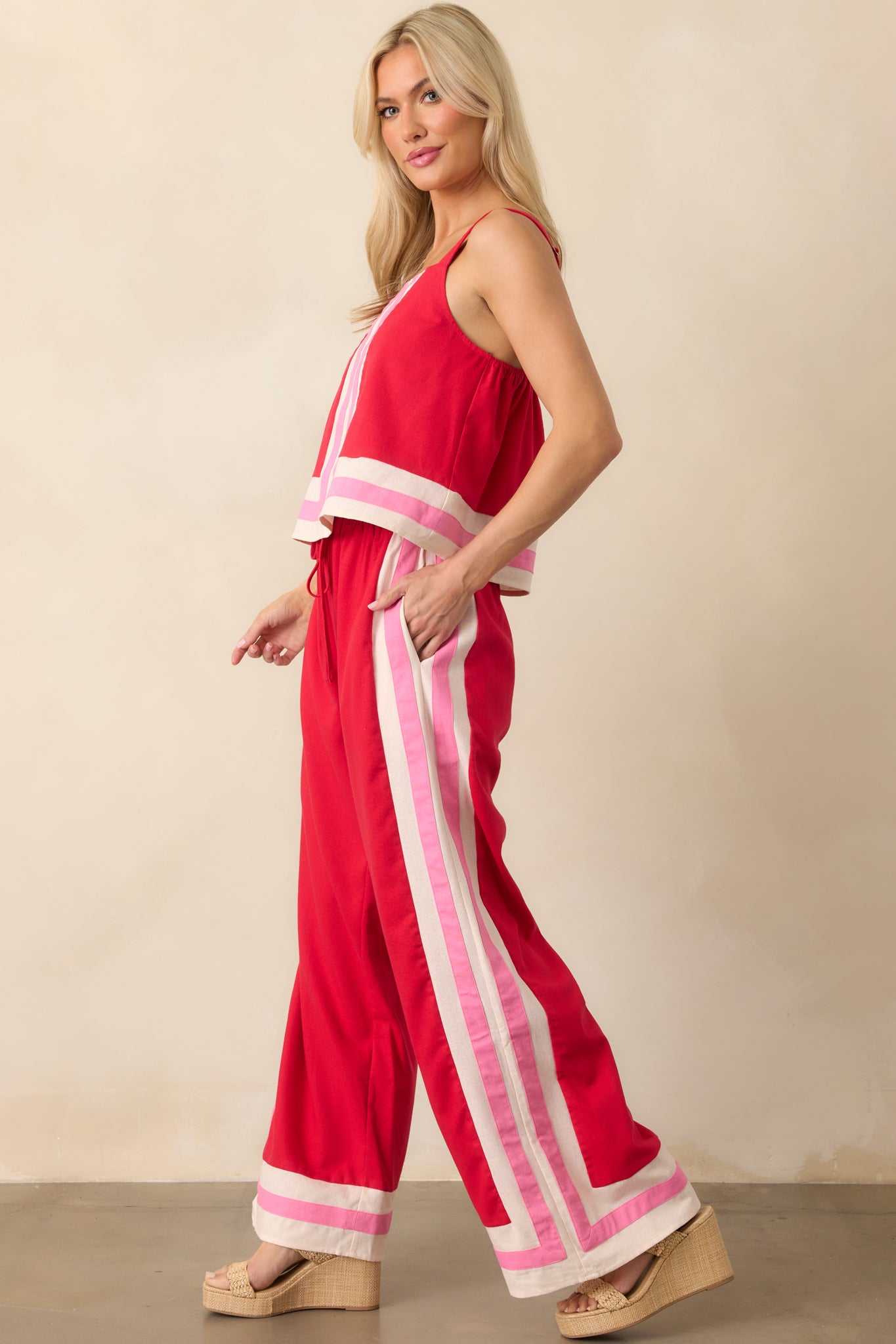 Side angle showcasing the adjustable self-tie drawstring and relaxed drape of the wide leg design.