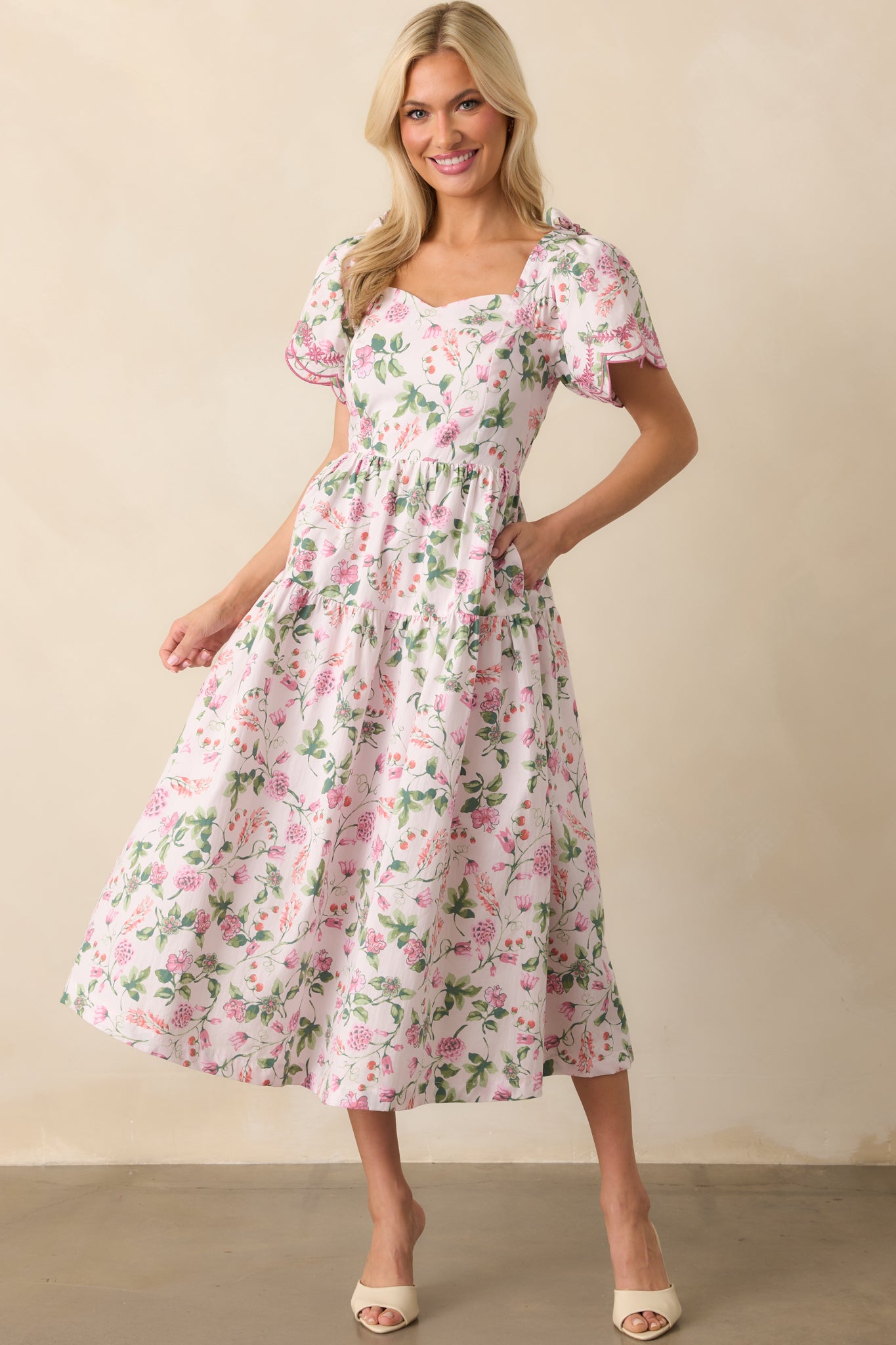 Light Pink Floral Print Cotton Dress - Midi Dresses | Red Dress Light Pink Floral Print Cotton Dress - Midi Dresses | Red Dress