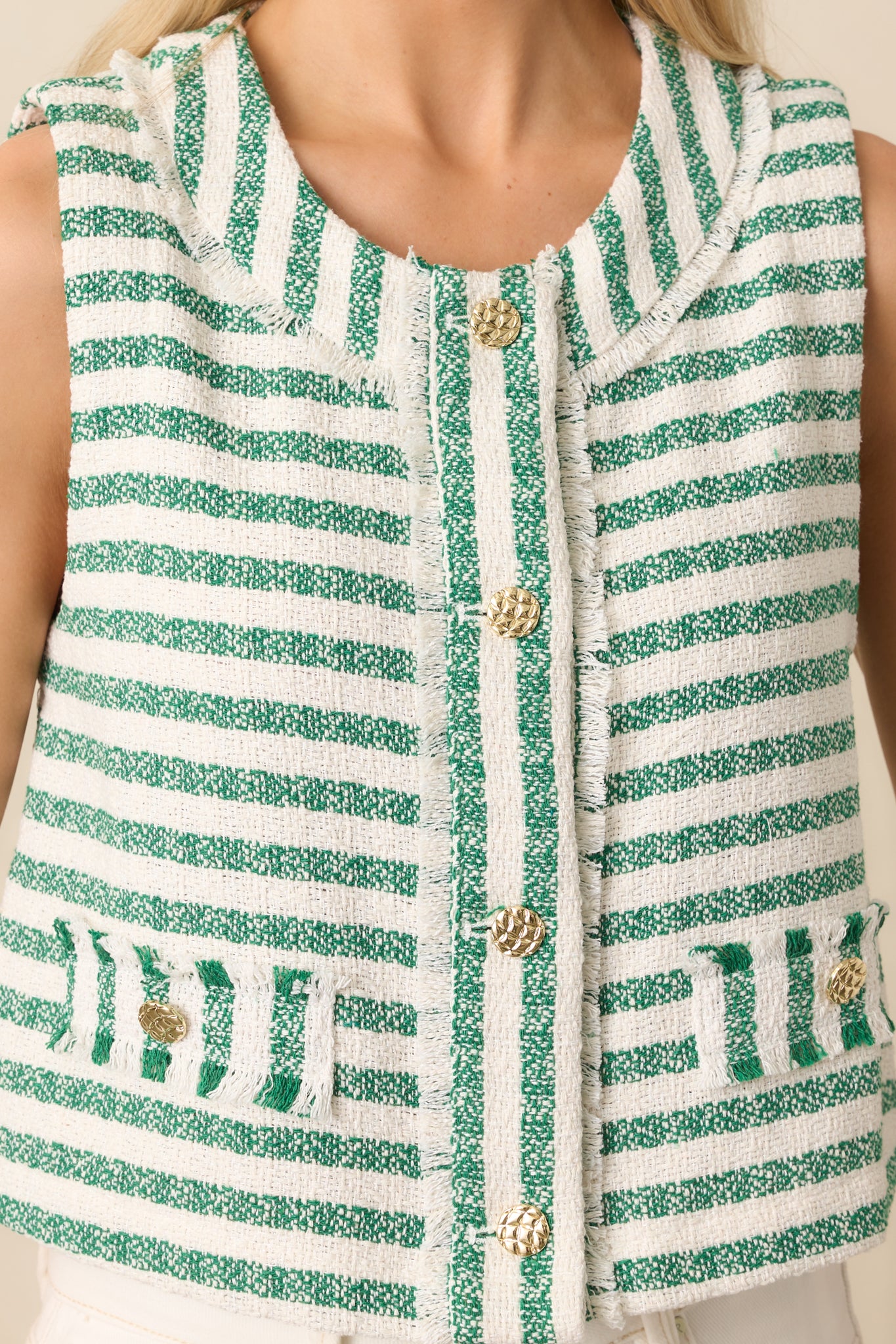 Close-up of the bouclé texture, gold buttons, and raw hem detailing near the center front.