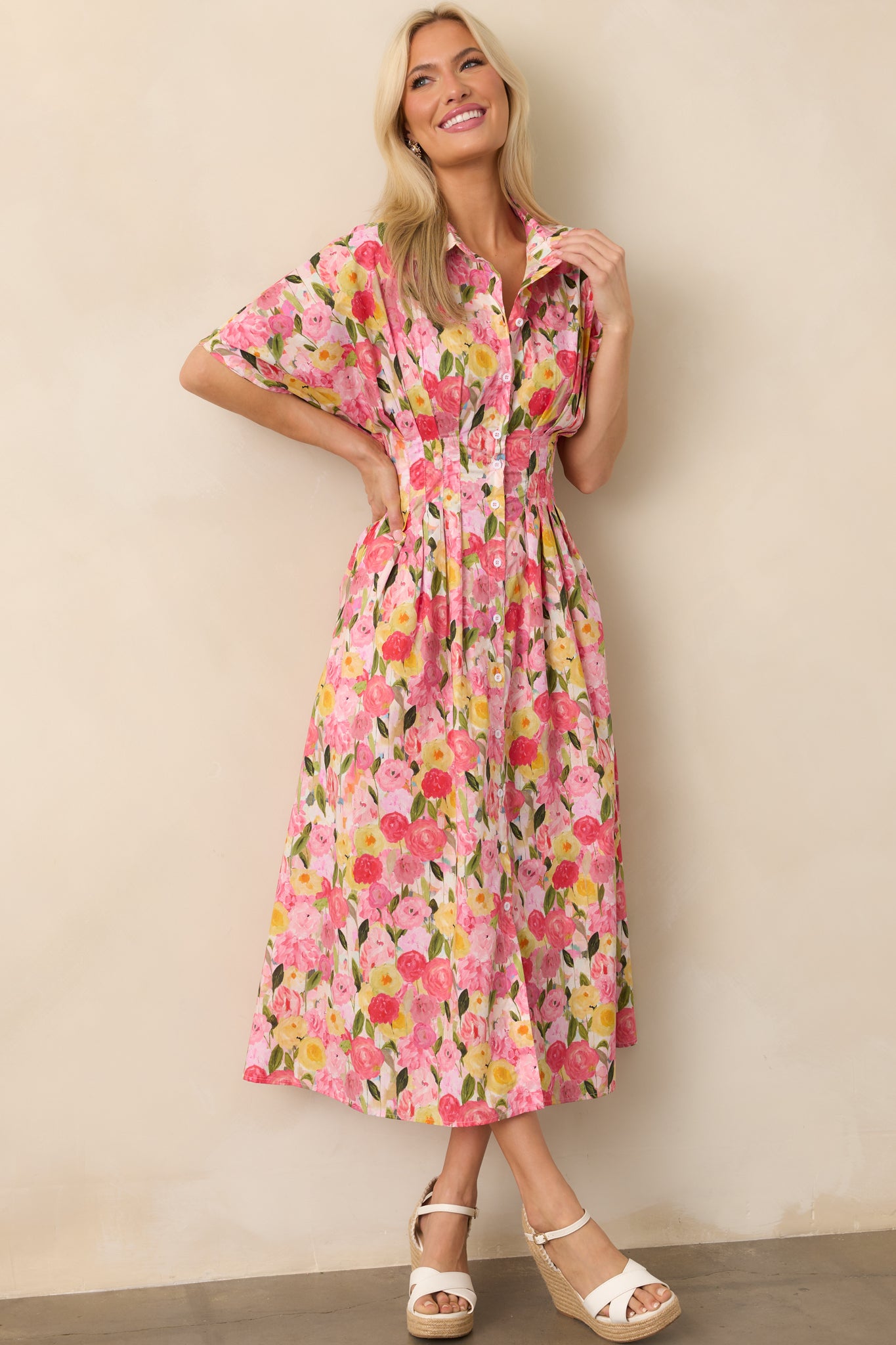 Pink Floral Print Cotton Pleated Shirt Dress - Midi Dress Pink Floral Print Cotton Pleated Shirt Dress - Midi Dress