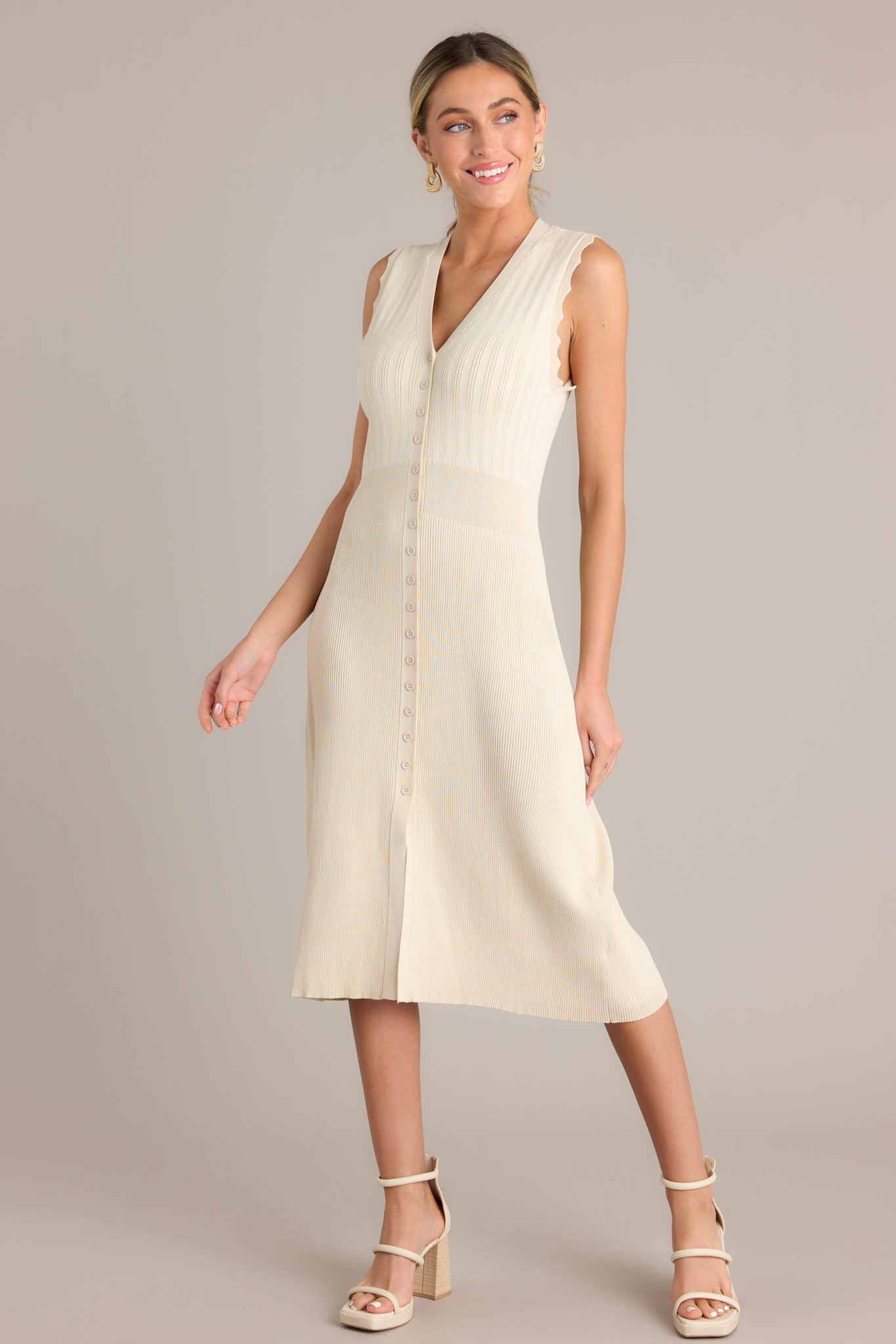 Beige Button Front Ribbed Midi Dress - All Dresses | Red Dress Beige Button Front Ribbed Midi Dress - All Dresses | Red Dress