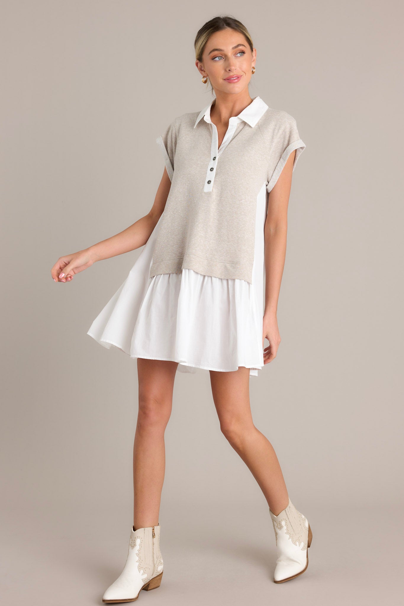 Taupe Cotton Blend Mini Shirt Dress - All Dresses | Red Dress Taupe Cotton Blend Mini Shirt Dress - All Dresses | Red Dress