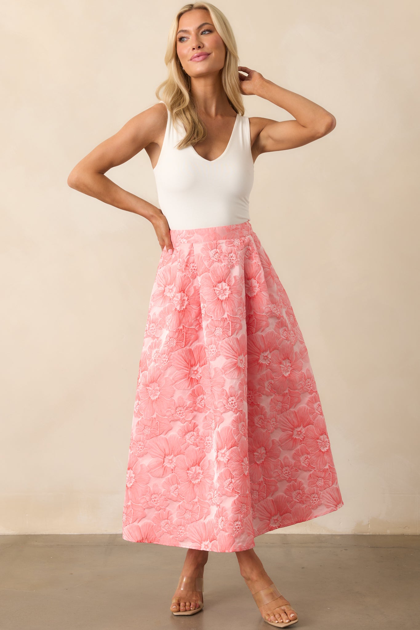 Pink Coral Floral Jacquard Midi Skirt All Skirts Red Dress