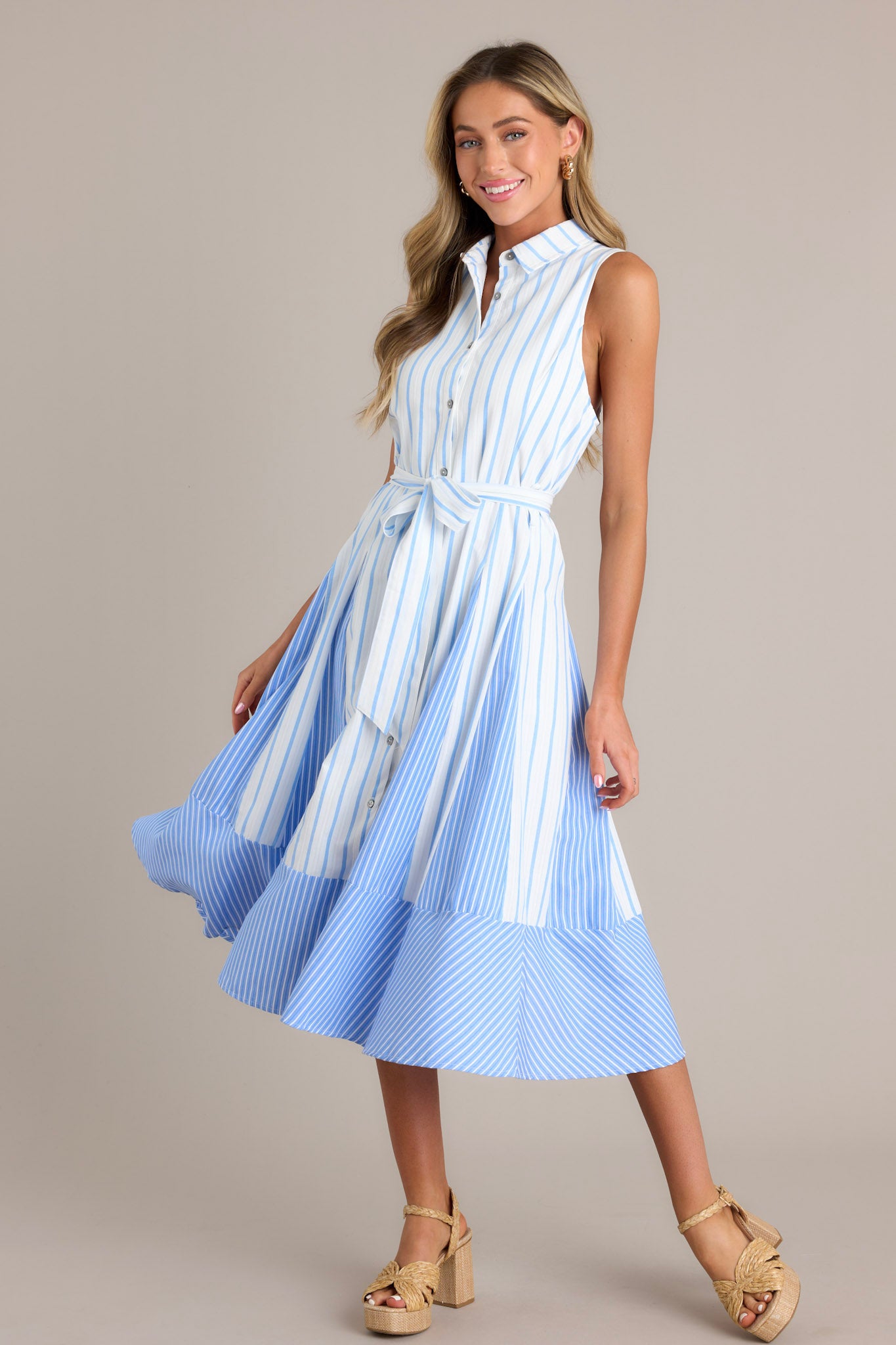 Light Blue Stripe Cotton Blend Midi Dress All Dresses Red Dress