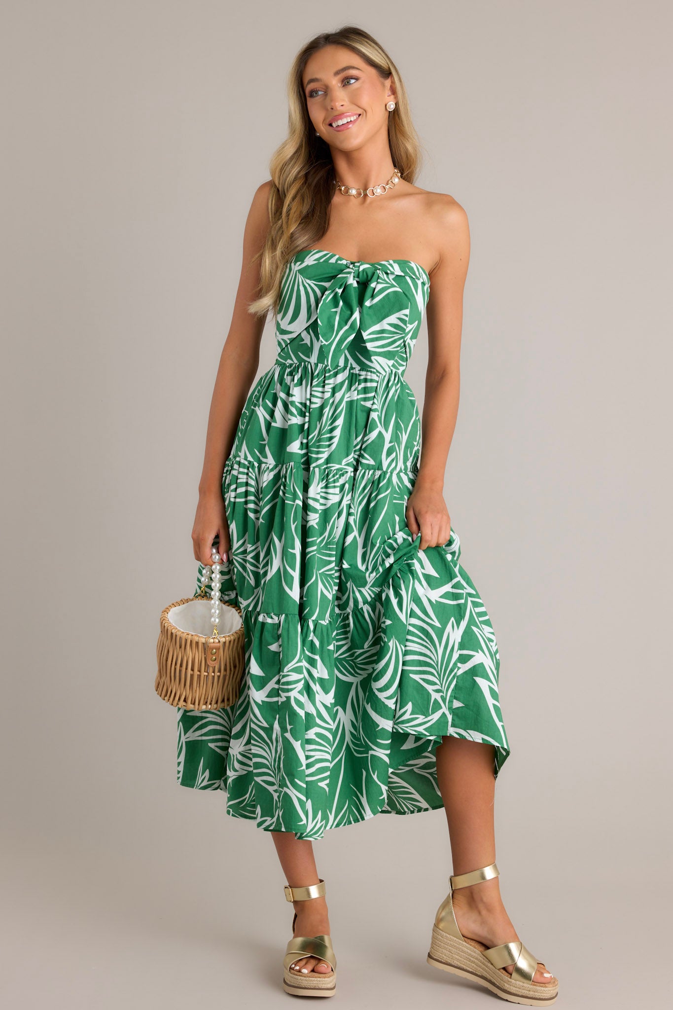 Green 100% Cotton Strapless Midi Dress - All Dresses | Red Dress Green 100% Cotton Strapless Midi Dress - All Dresses | Red Dress