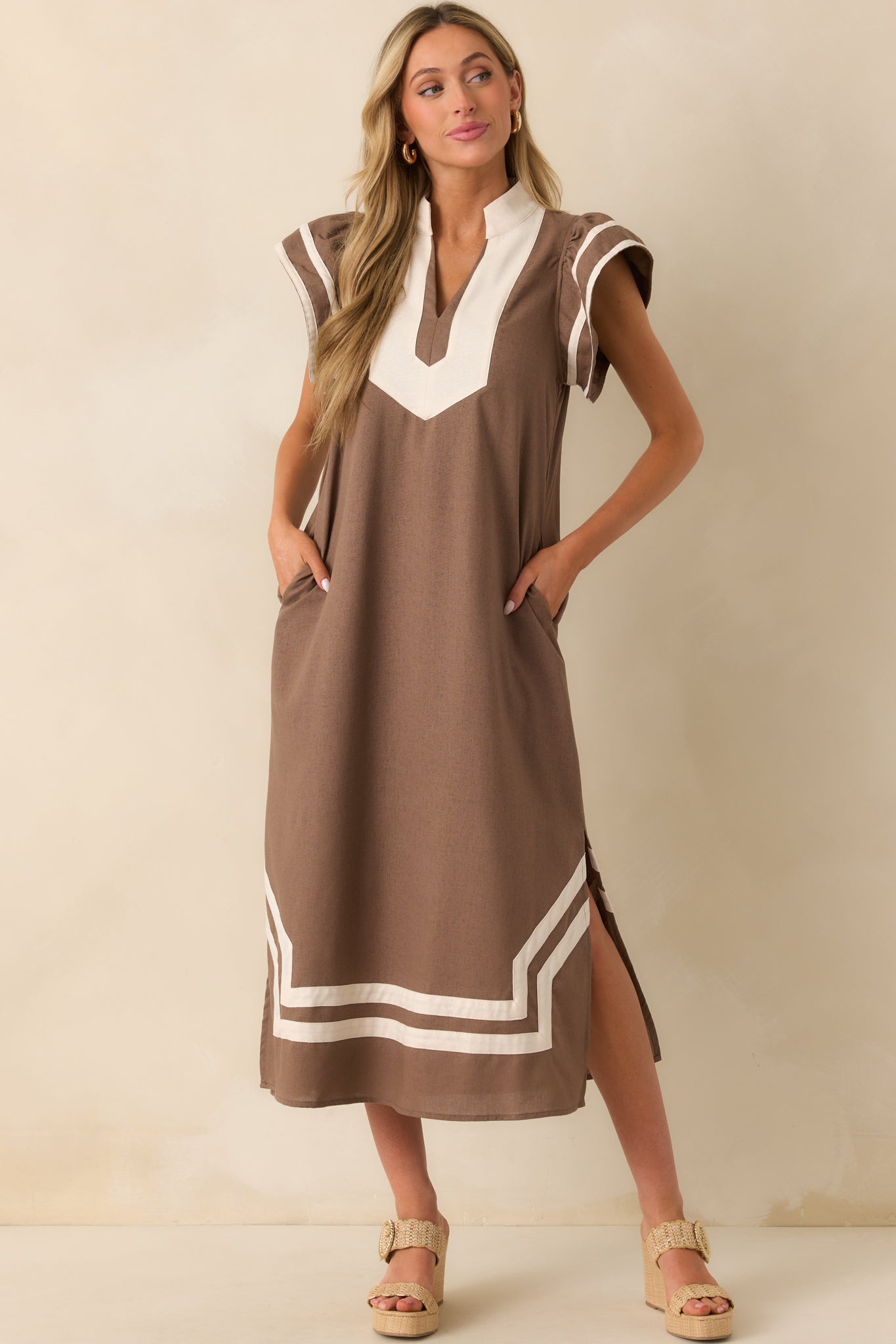 Mocha Brown Linen Cotton Blend Kaftan Dress - Maxi Dresses | Red Dress Mocha Brown Linen Cotton Blend Kaftan Dress - Maxi Dresses | Red Dress