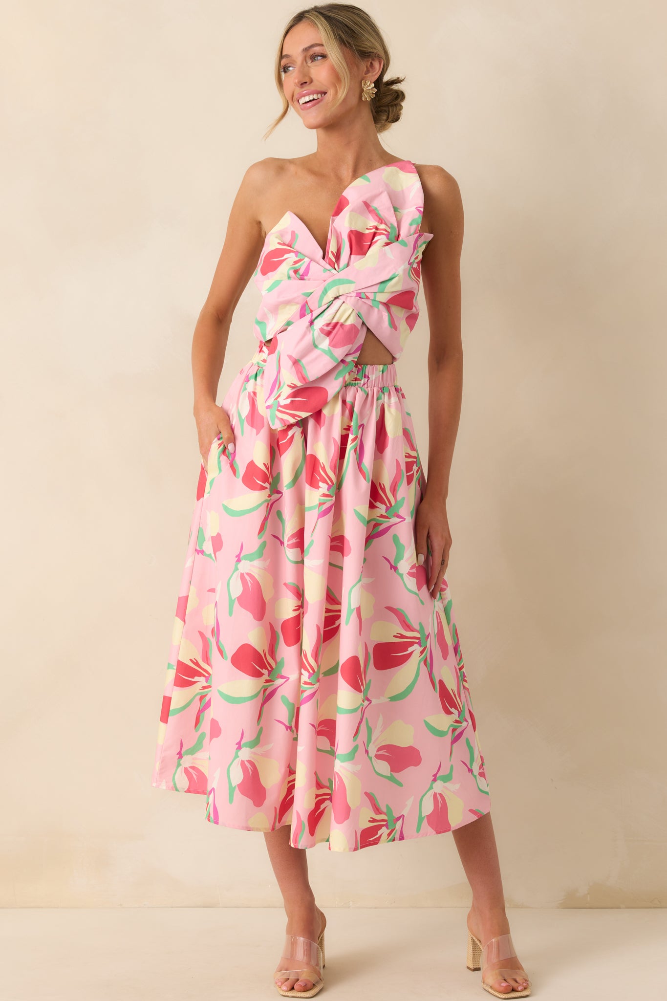 Caught In Time Pink Floral Print Cotton One Shoulder Maxi Dress Caught In Time Pink Floral Print Cotton One Shoulder Maxi Dress