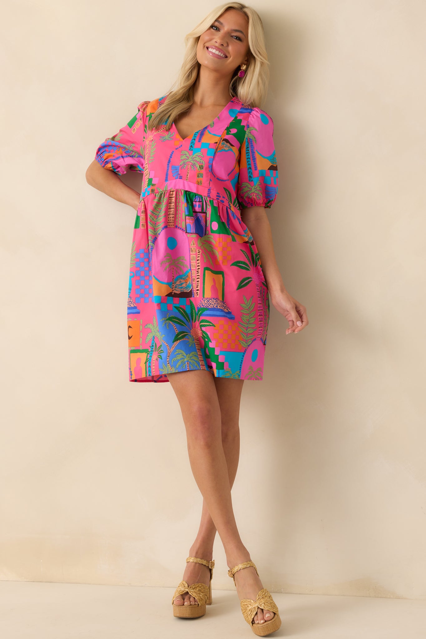 tropical short sleeve dress Paradise Plans Ivory Multi Tropical Print Puff Sleeve Mini Dress