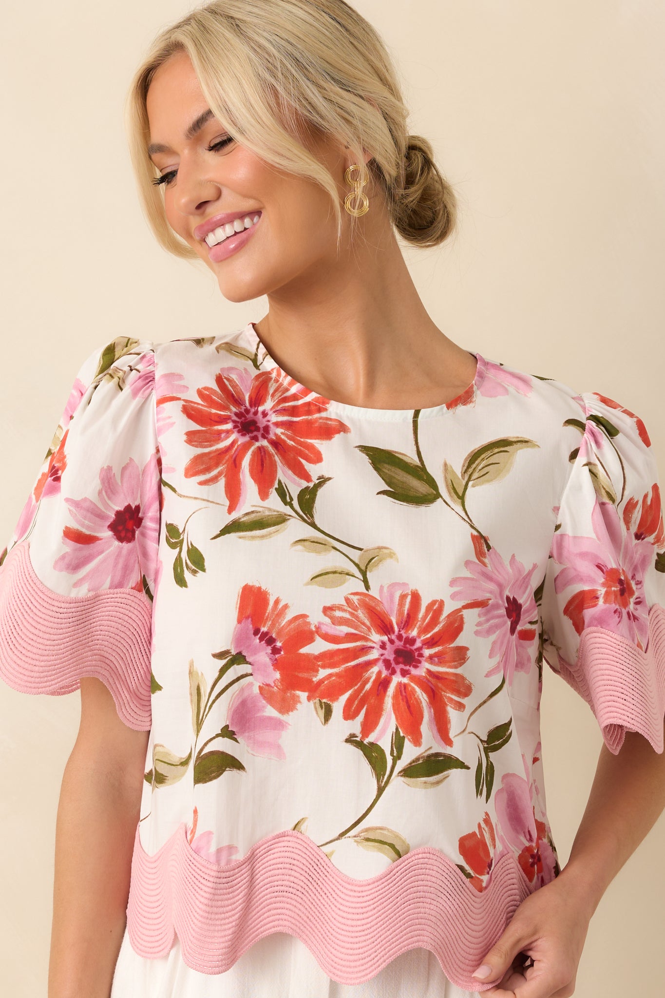 Pink Floral Print Cotton Scallop Hem Top - All Tops | Red Dress Pink Floral Print Cotton Scallop Hem Top - All Tops | Red Dress