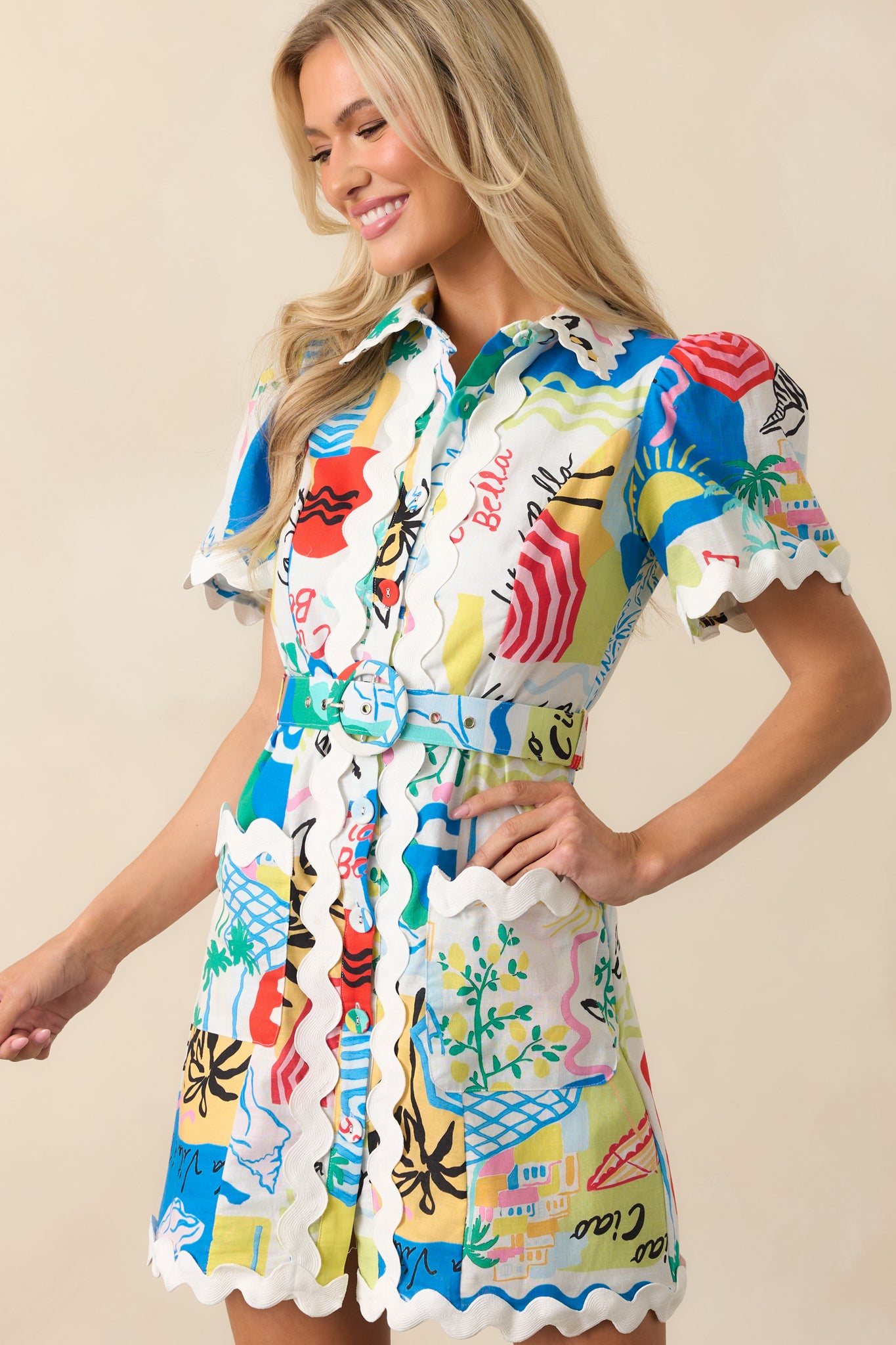 Prosperina Beatrice Multi Tropical Print Linen Belted Mini Dress